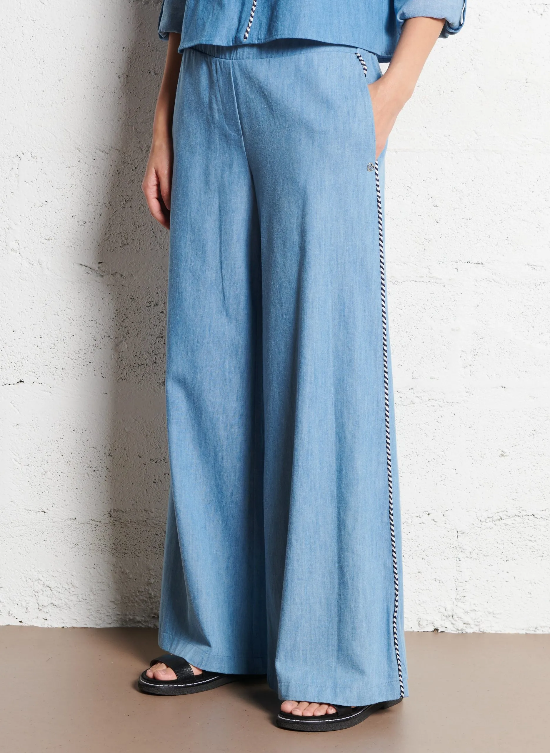 Pantalon palazzo en coton mélangé Bleu