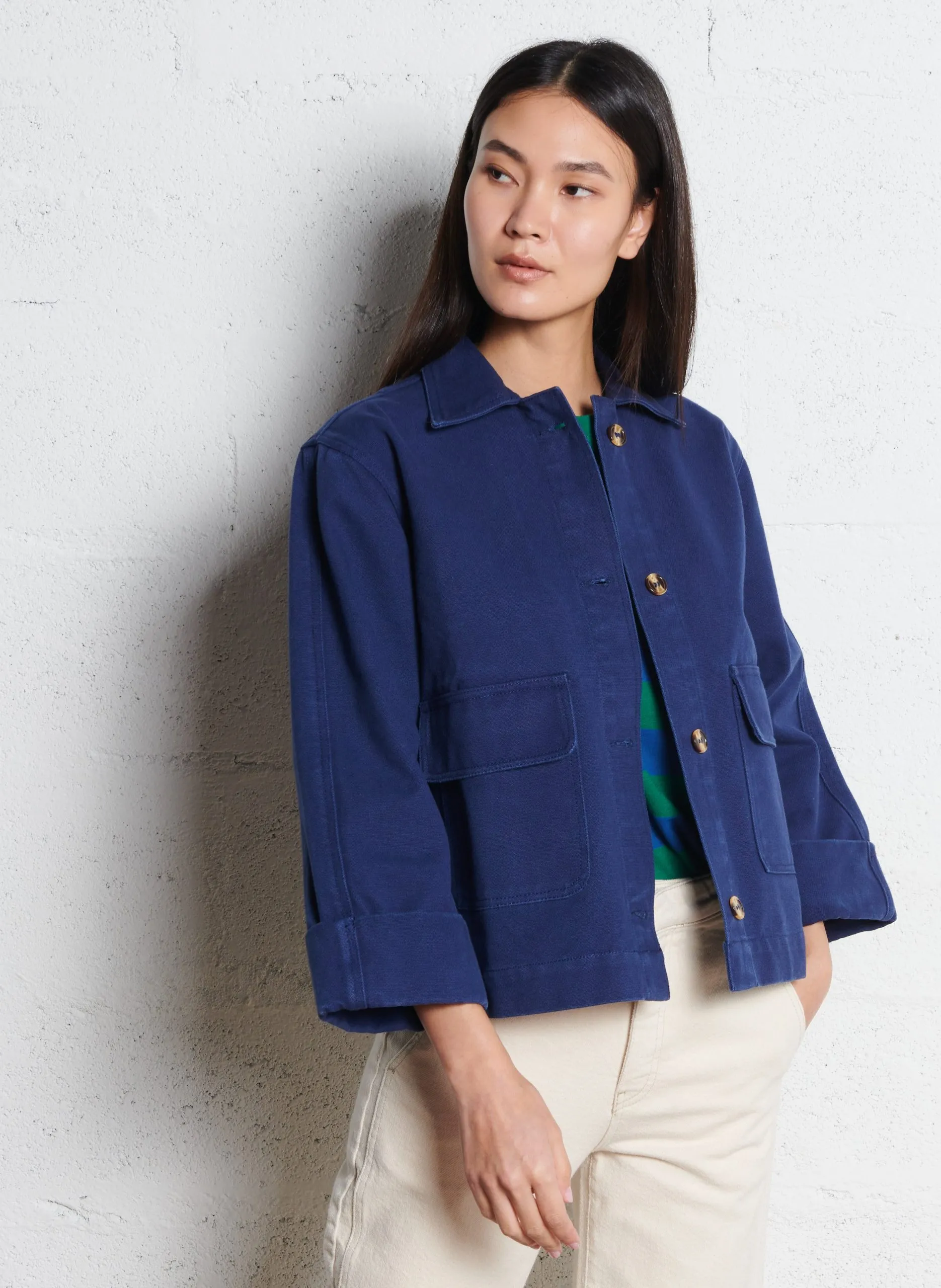 Blouson col classique en coton bio Bleu VINCY