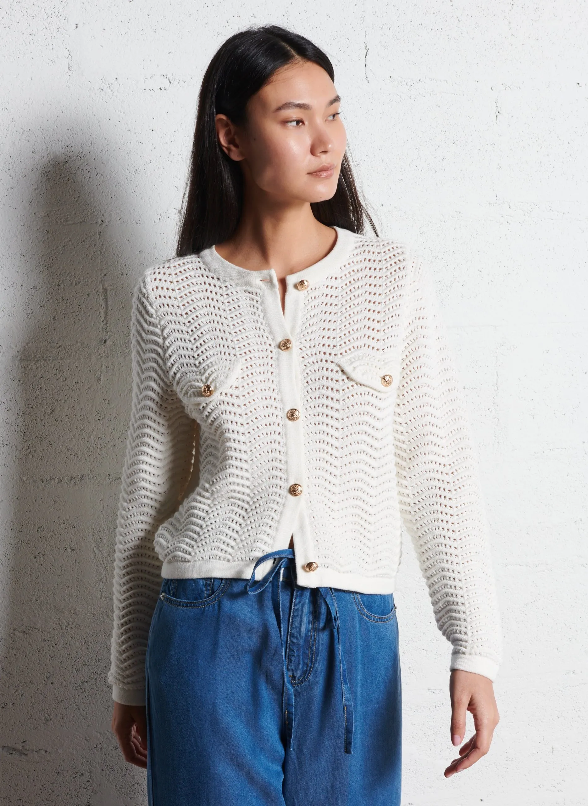 Gilet col rond en coton Beige GIANY