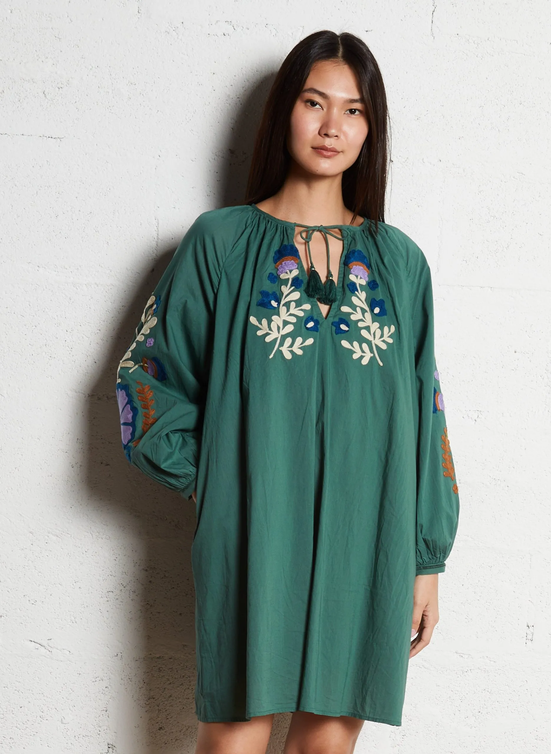 Robe courte col tunisien en coton Vert JANICE