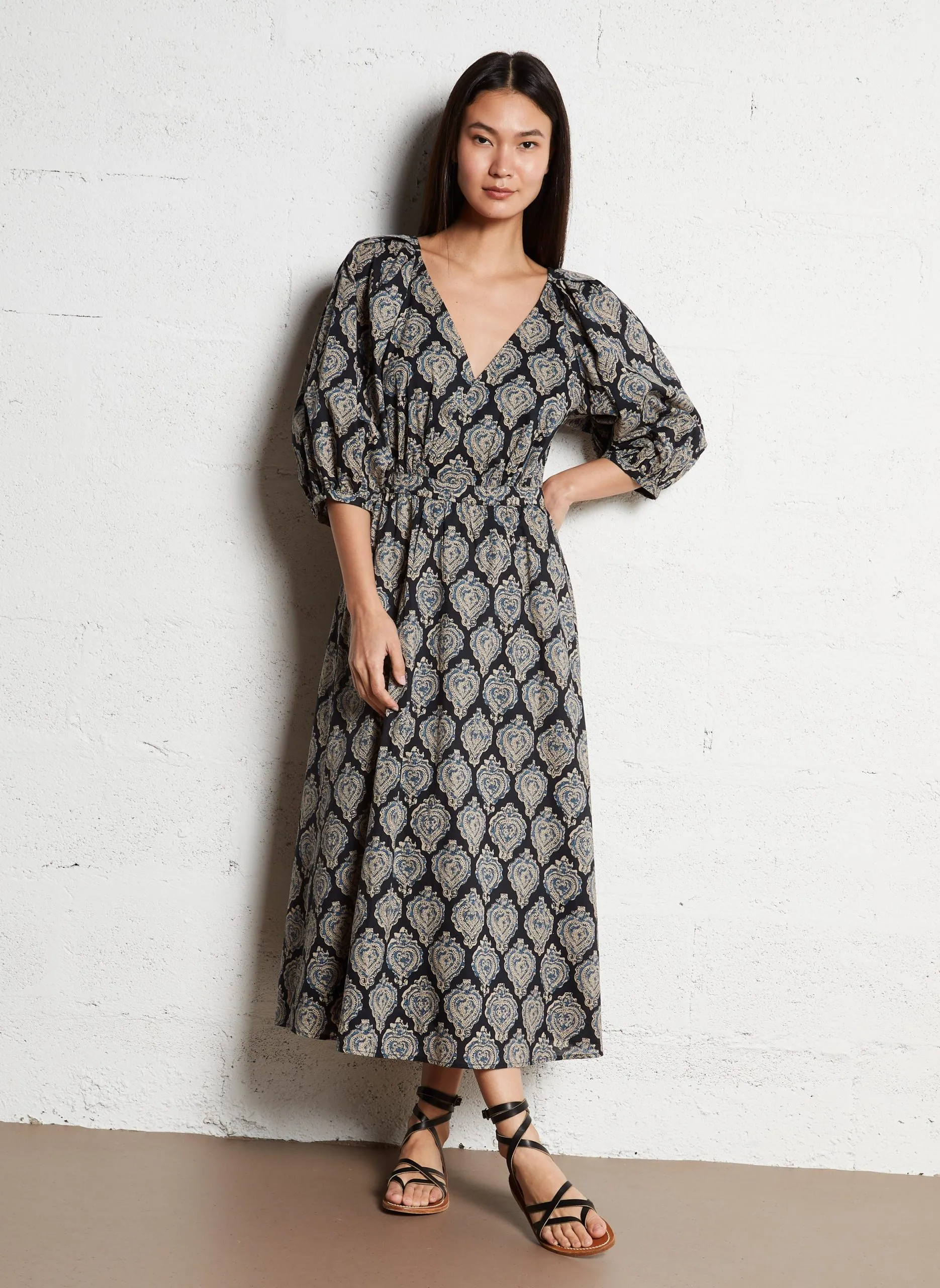 Robe longue cintrée en coton Noir SIROCCO