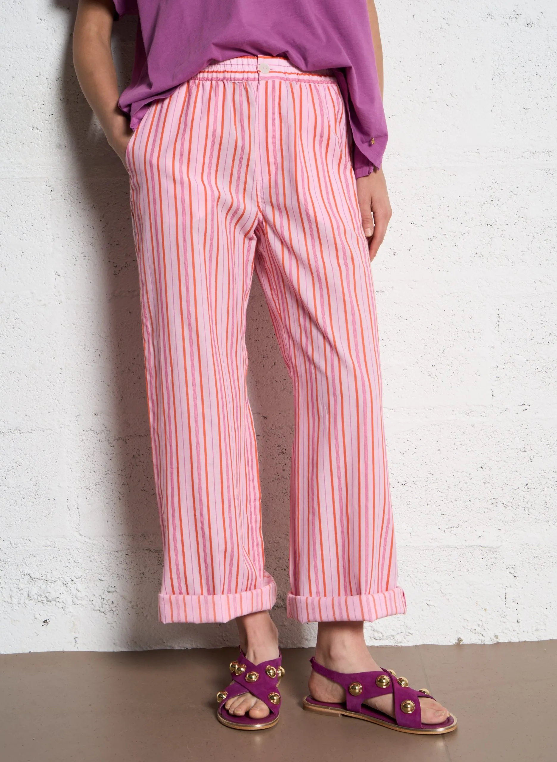 Pantalon large en coton rayé Rose ROSACE