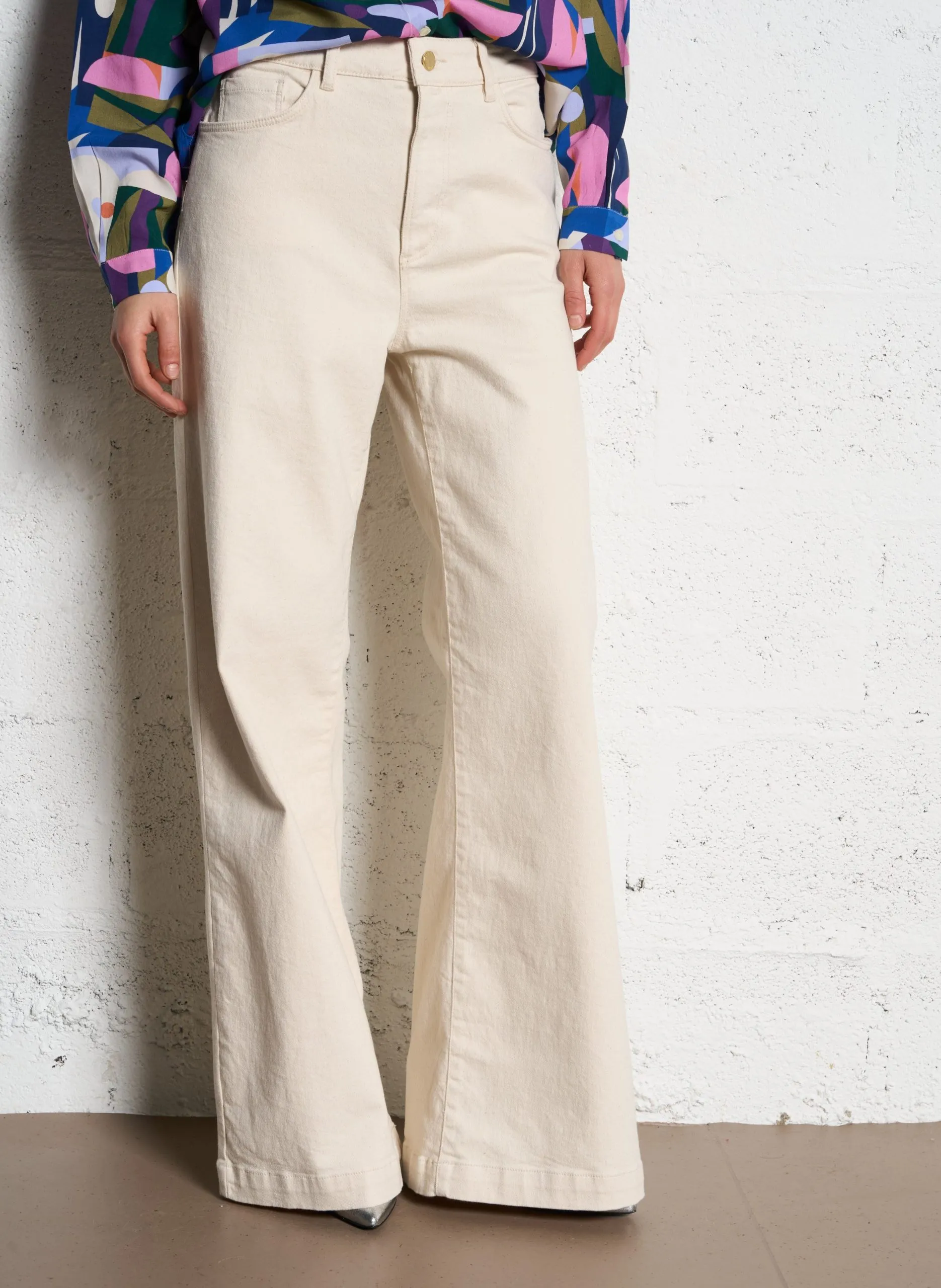 Jean large en coton mélangé Blanc