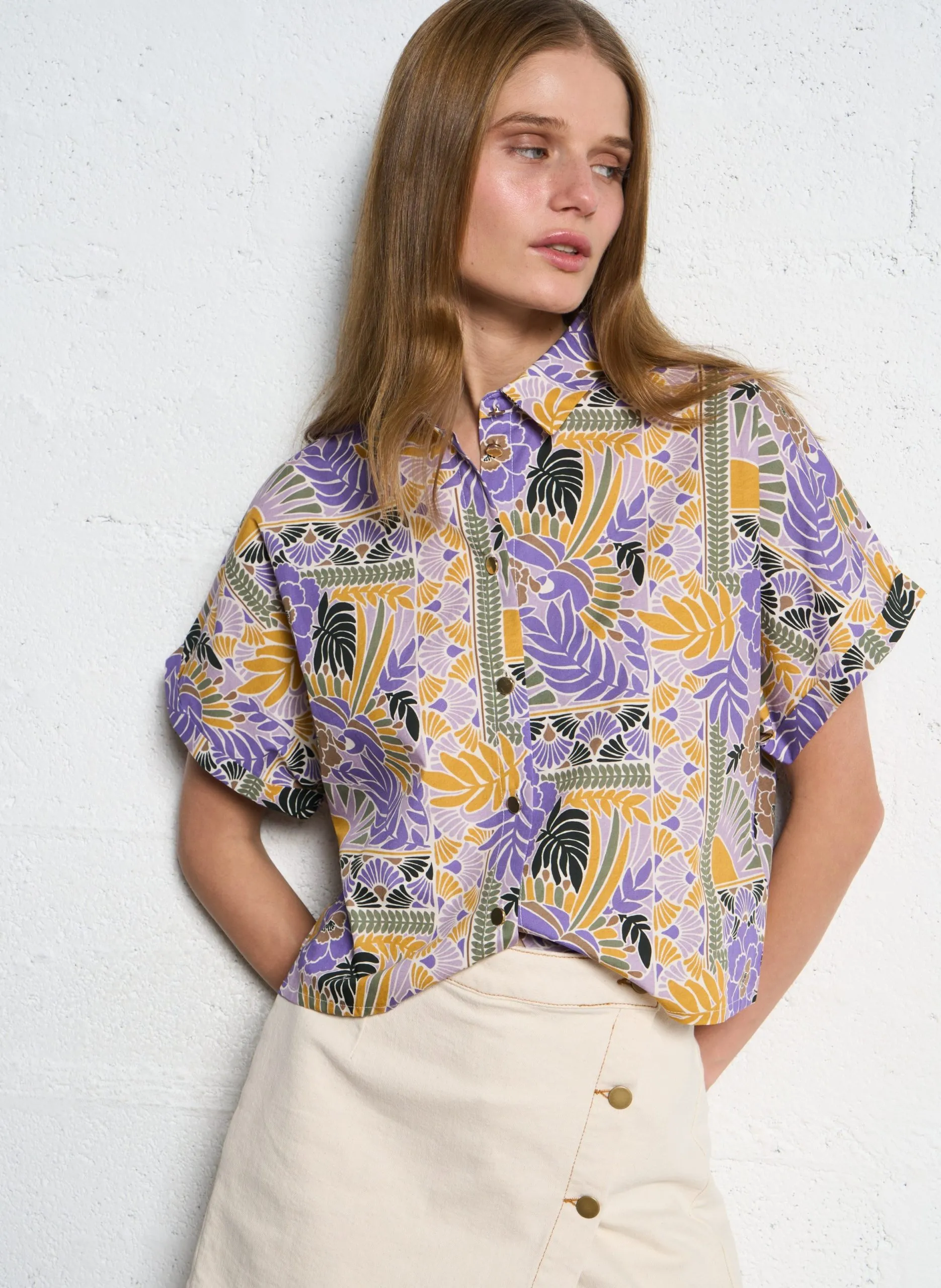 Chemise col classique à imprimé floral en coton Violet