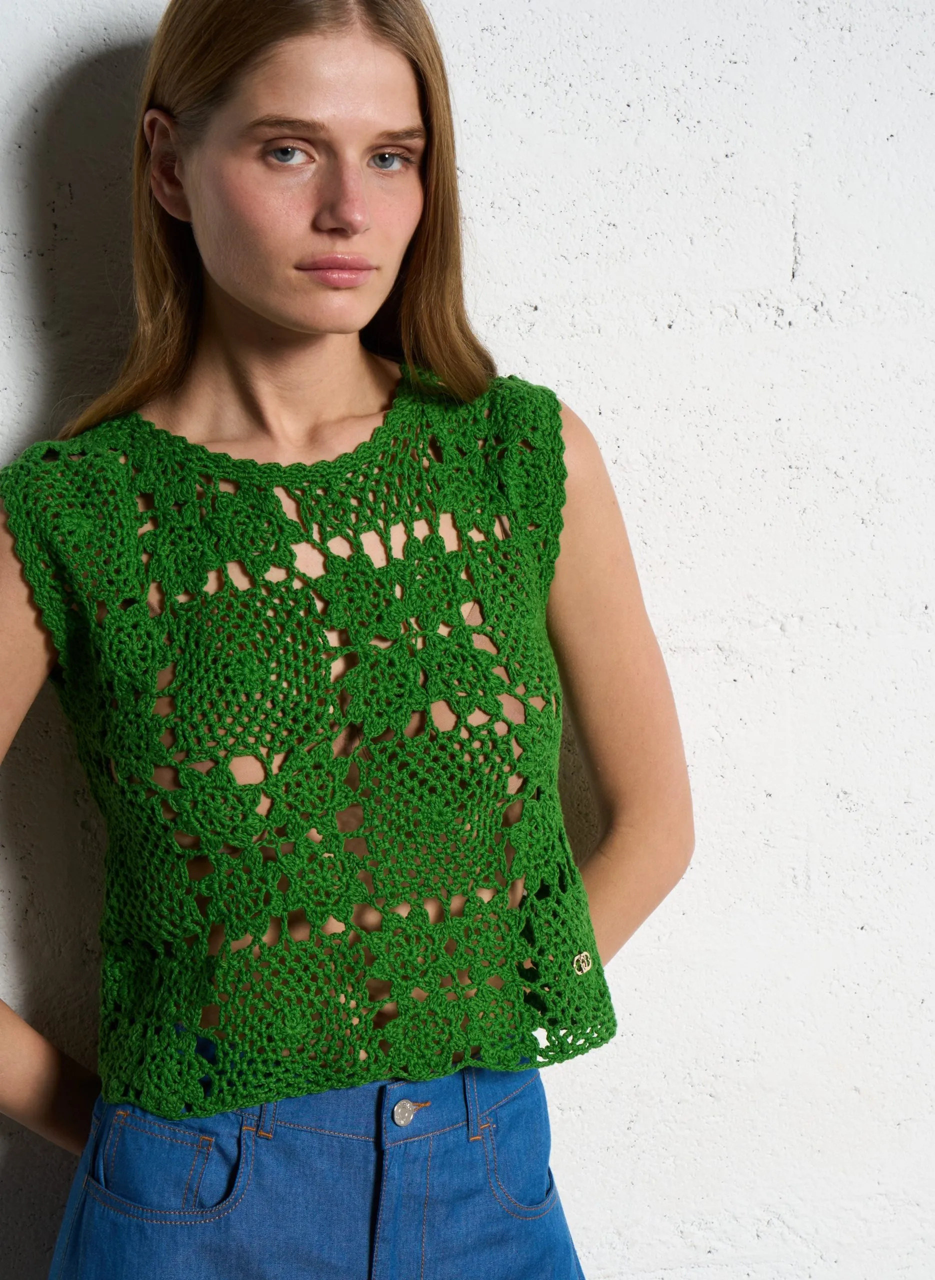 Top col rond en coton Vert