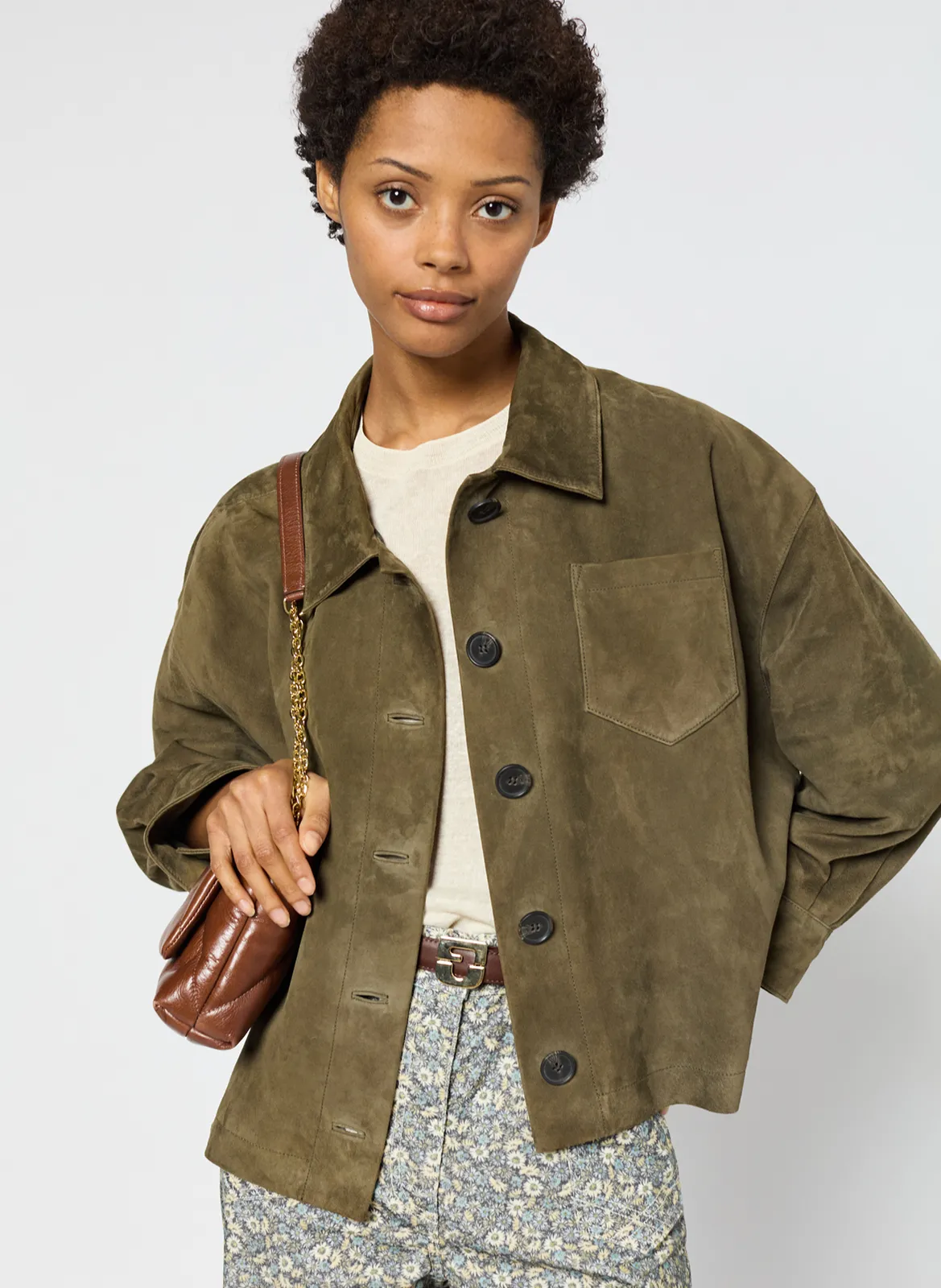 Veste droite en cuir velours Kaki ROSE