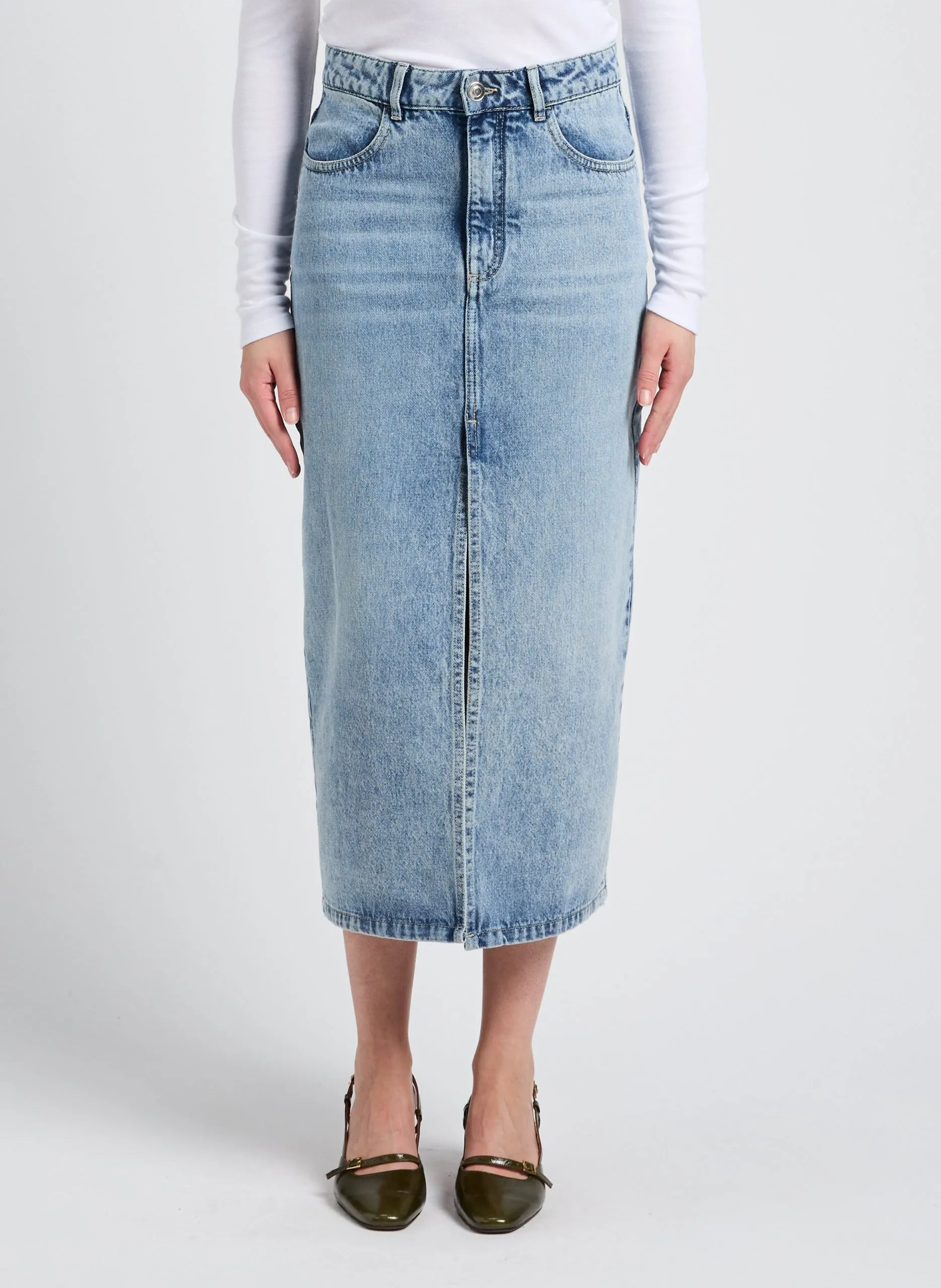 Jupe midi droite fendue en jean délavé Bleu VIMA