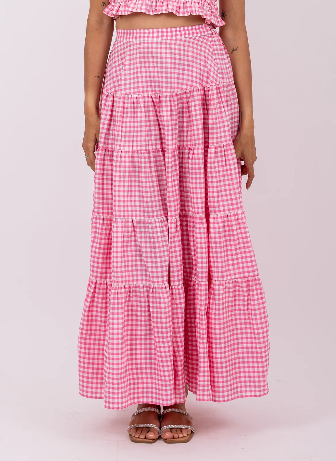 Jupe longue froncée à motifs Rose ODETTE