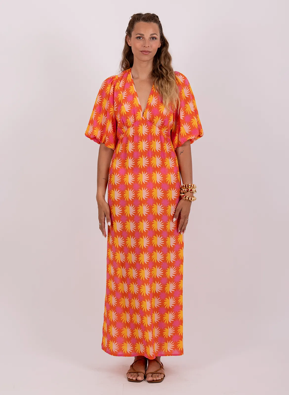 Robe longue droite col V Orange MARTIKA