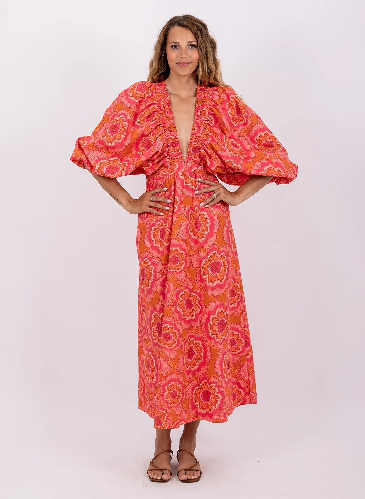Robe droite col V en coton Rose TIYA