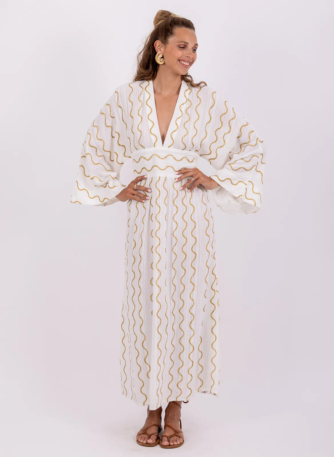 Robe longue large col V en coton Blanc THAIS