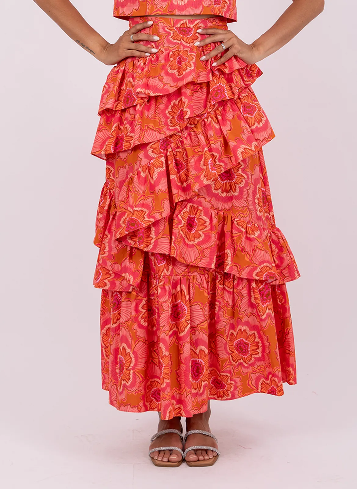 Jupe longue imprimée à volants asymétriques Rose SUZETTE