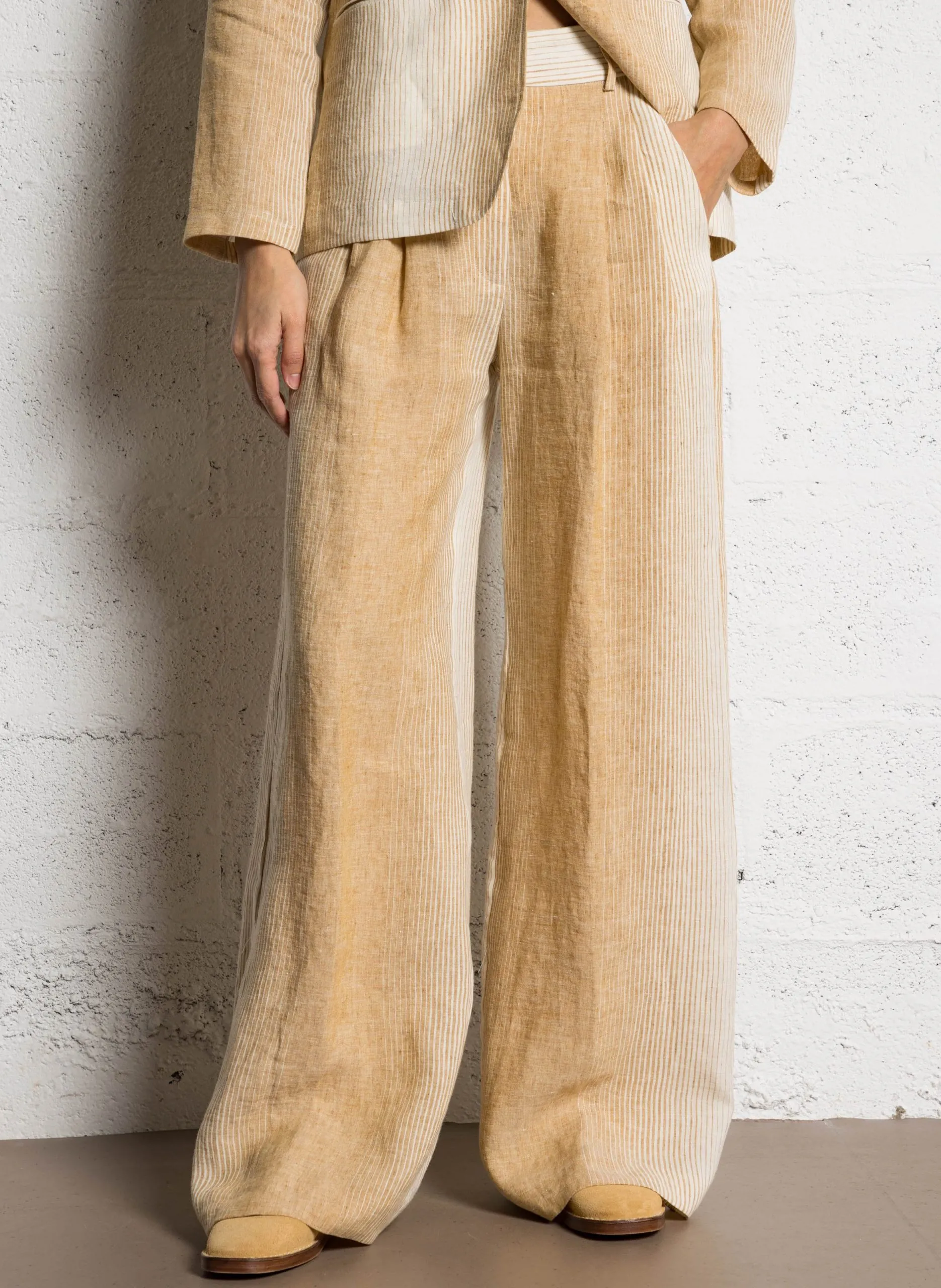 Pantalon palazzo rayé en lin Beige PAVANO