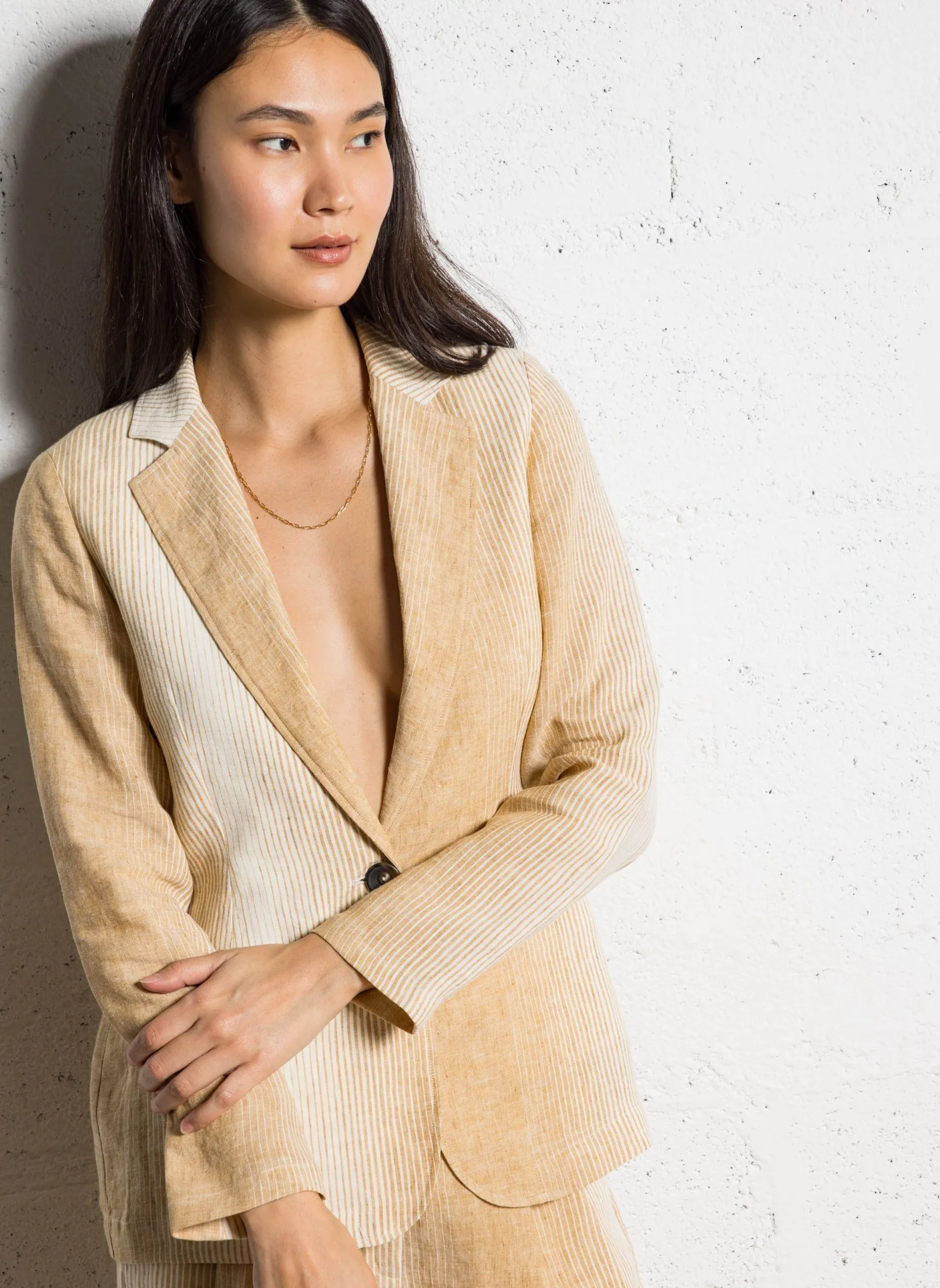 Veste de tailleur à rayures en lin Beige VIKELO