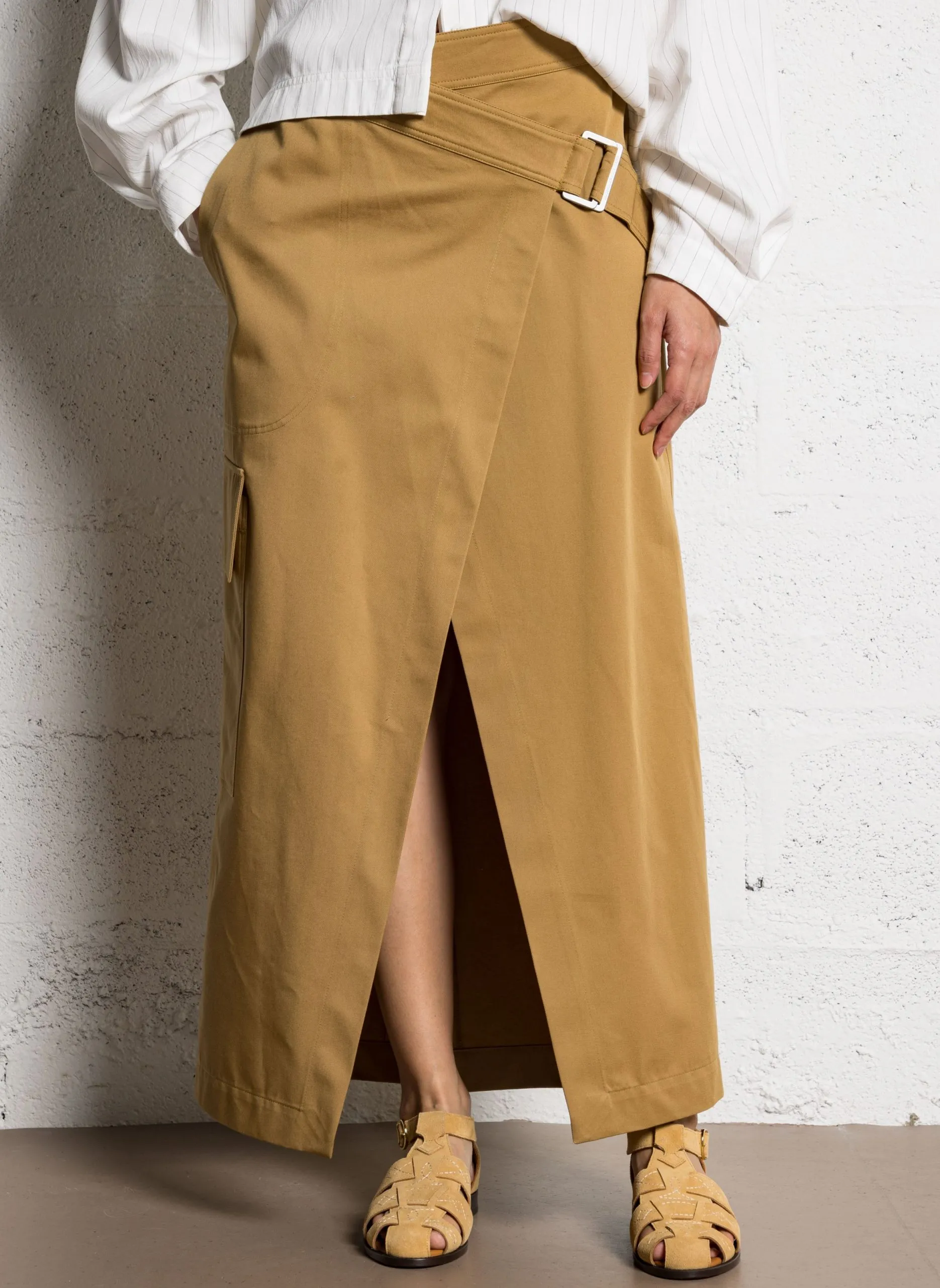 Jupe longue portefeuille en coton Marron ALBA