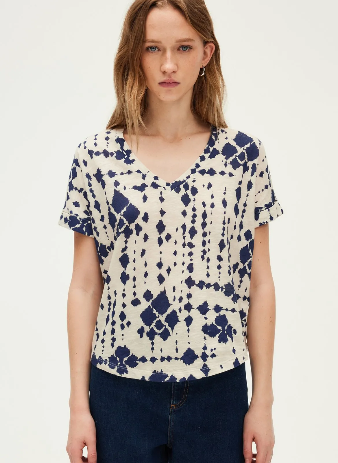 Tee-shirt col V en coton Bleu GAVINA