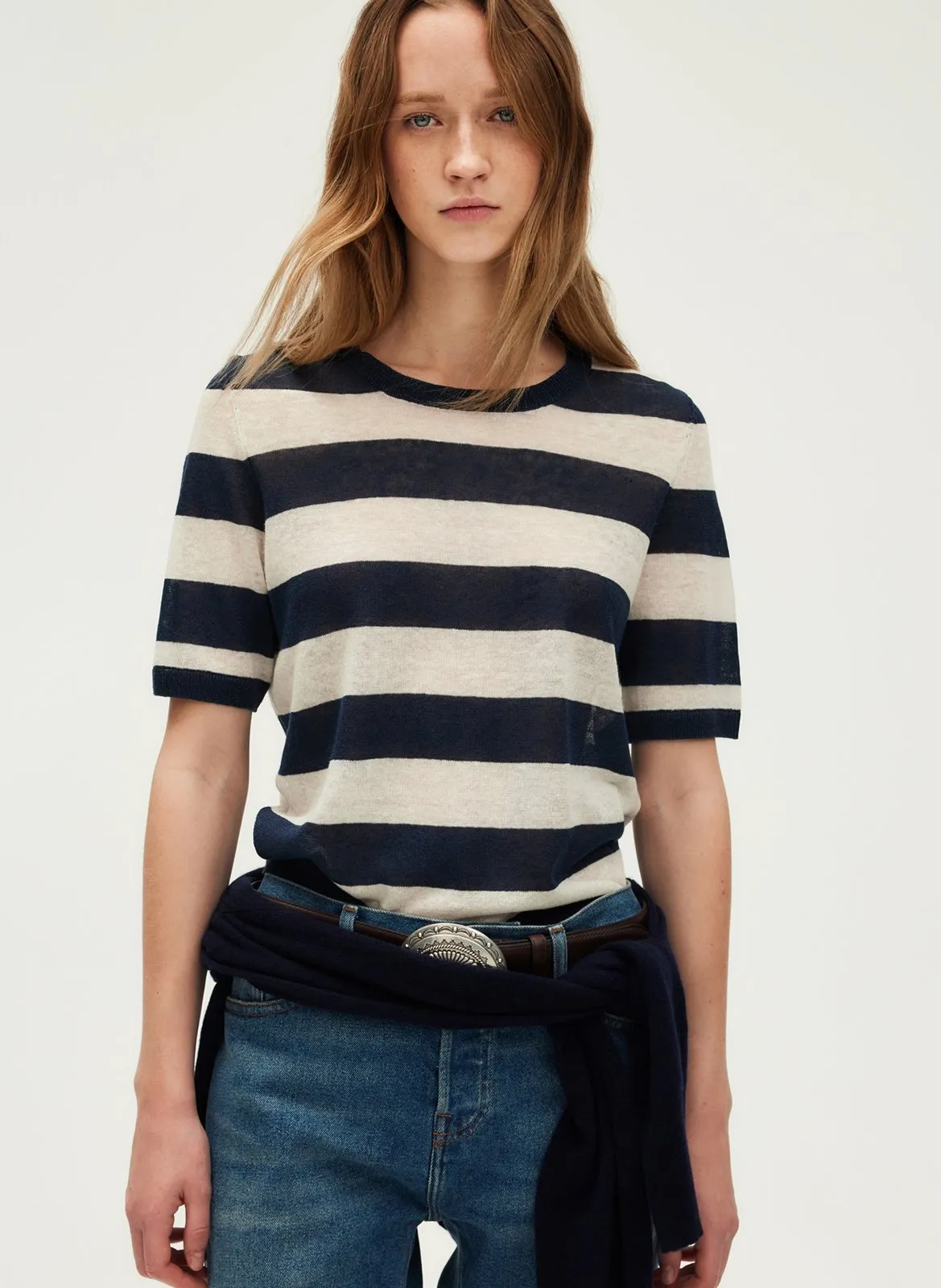 Pull col rond en lin mélangé Bleu JUNY