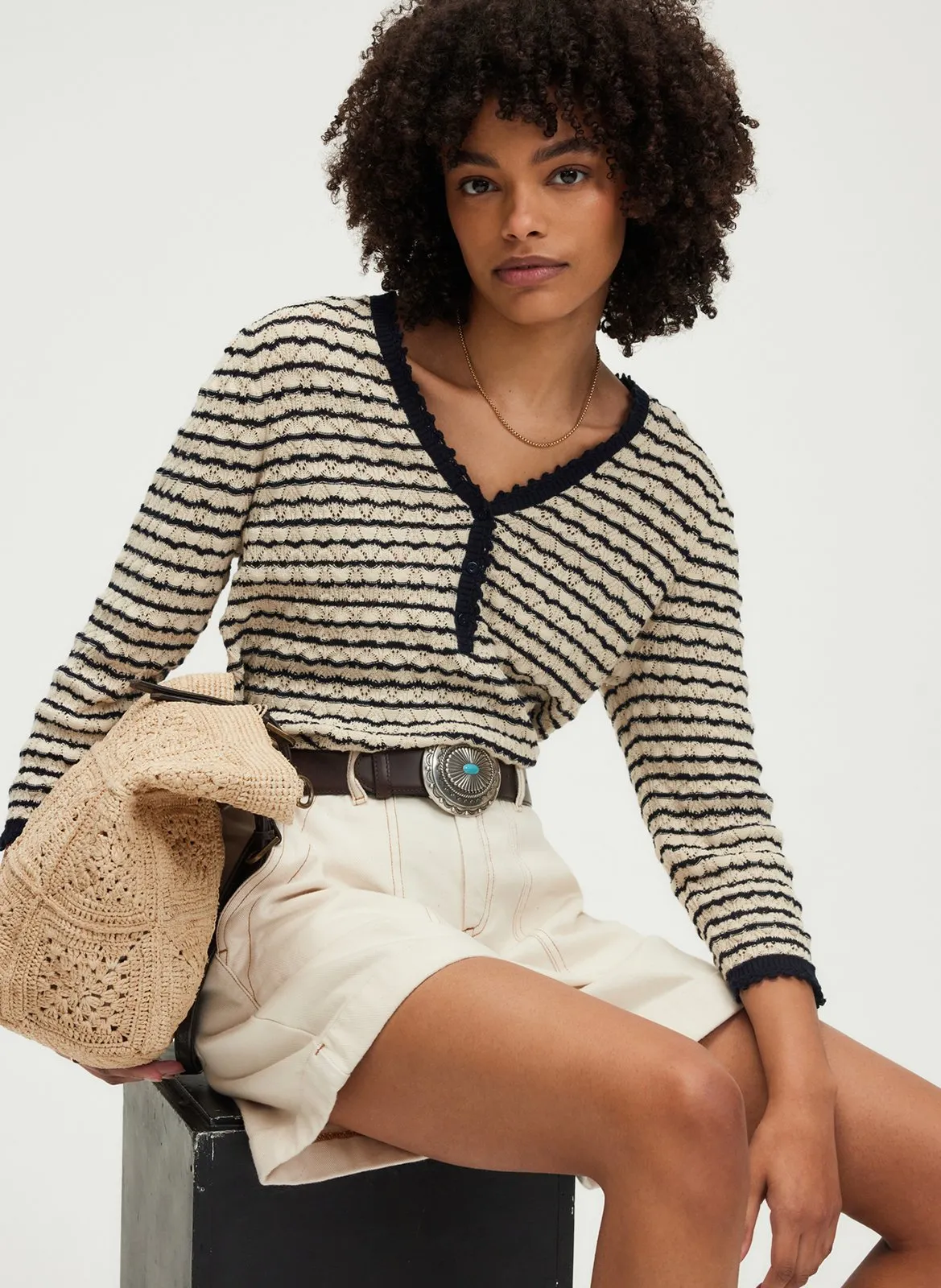 Pull col V en coton Bleu JINETTE