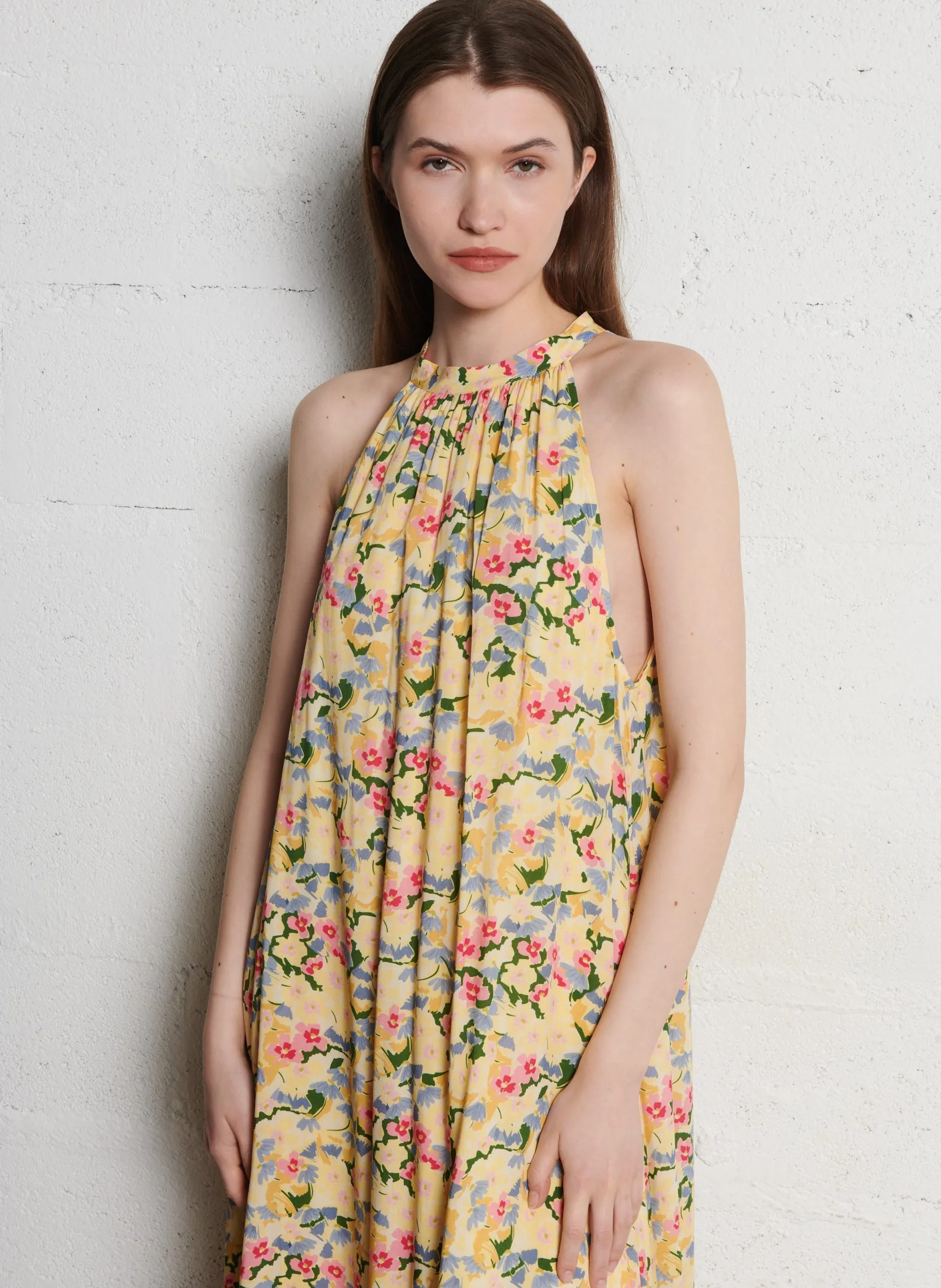 Robe midi imprimée à col noué Jaune RIYU