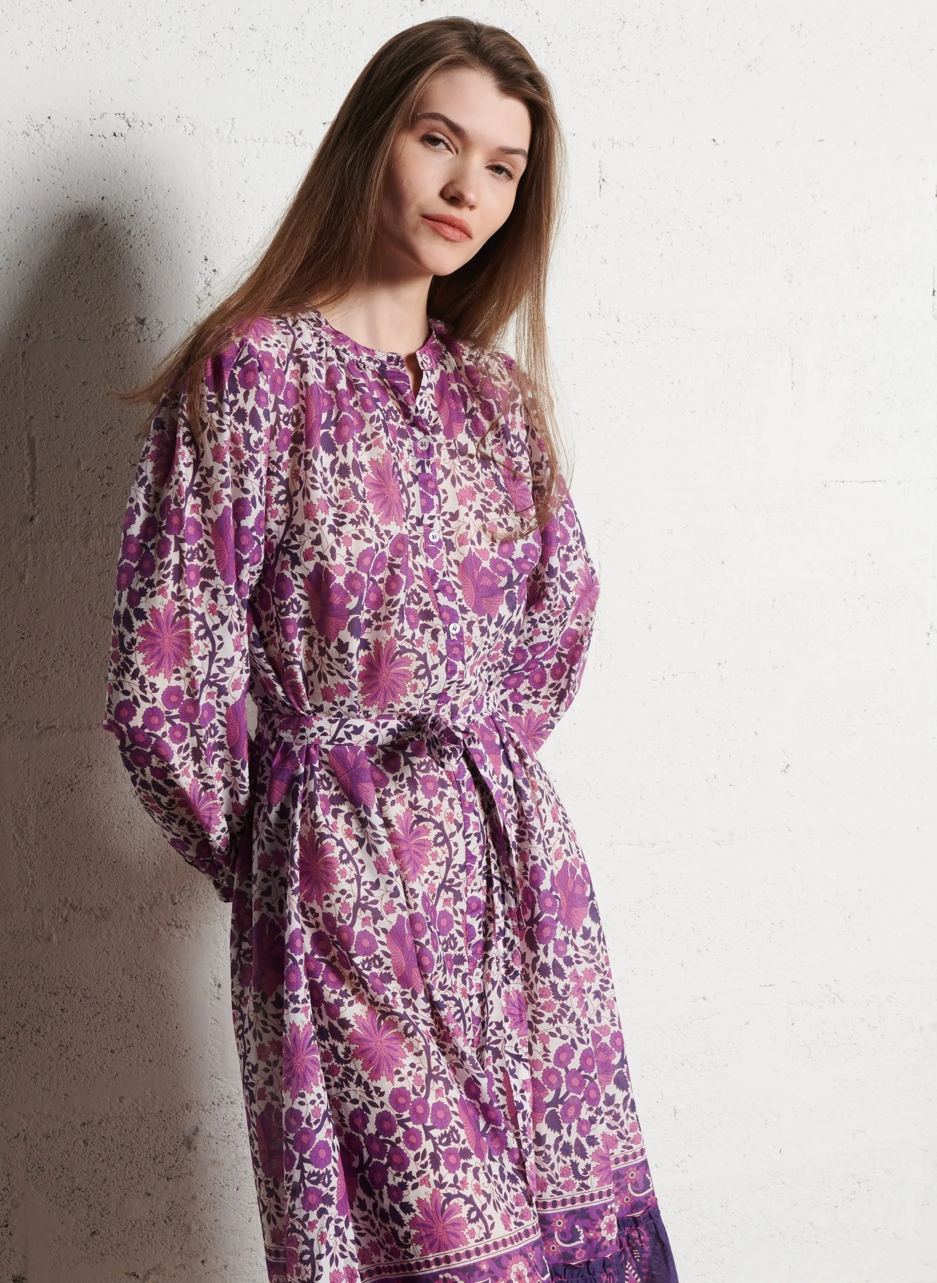 Robe longue col rond en coton Violet RAMIRA