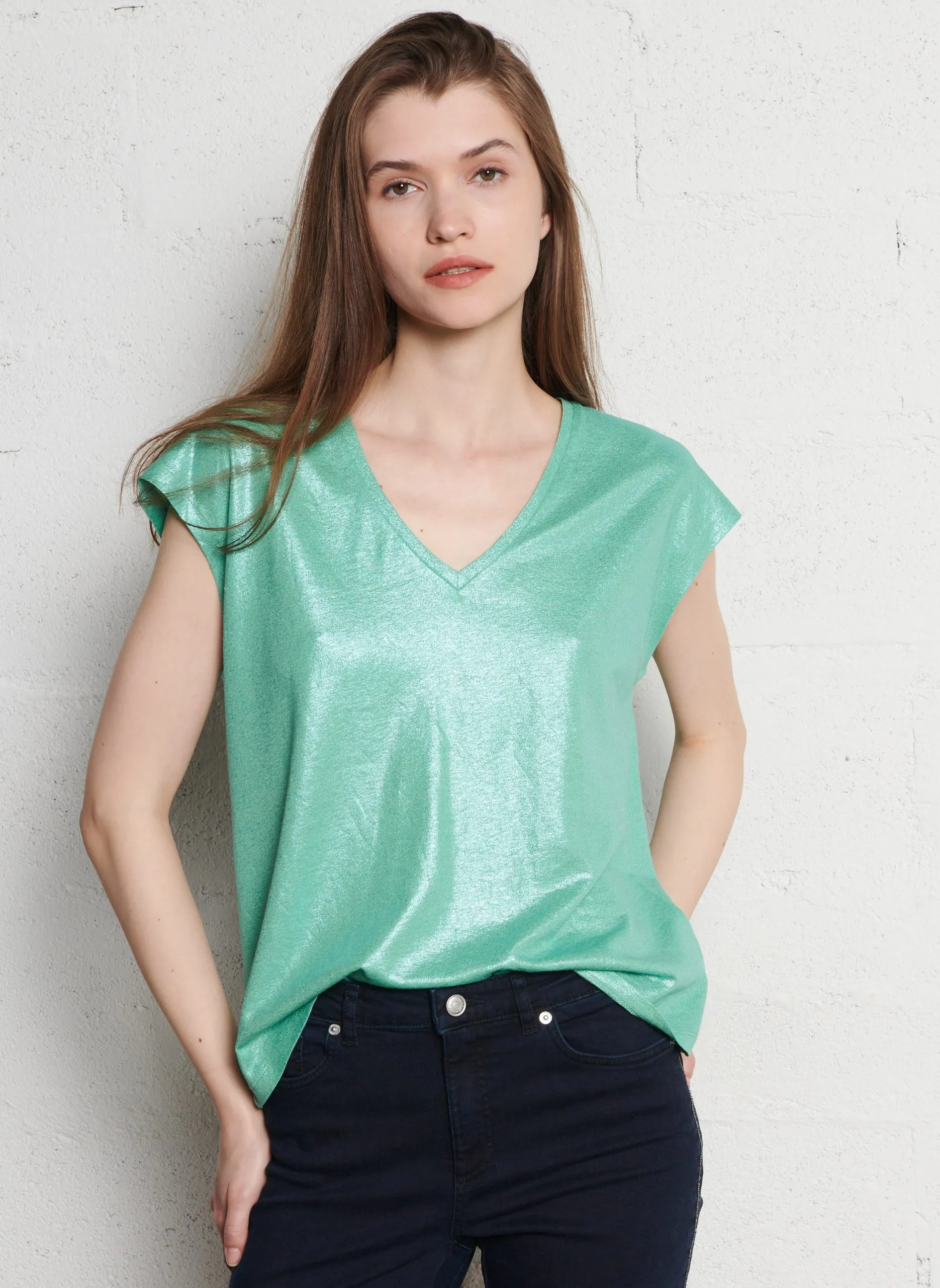 Tee-shirt droit col V en lin mélangé Vert