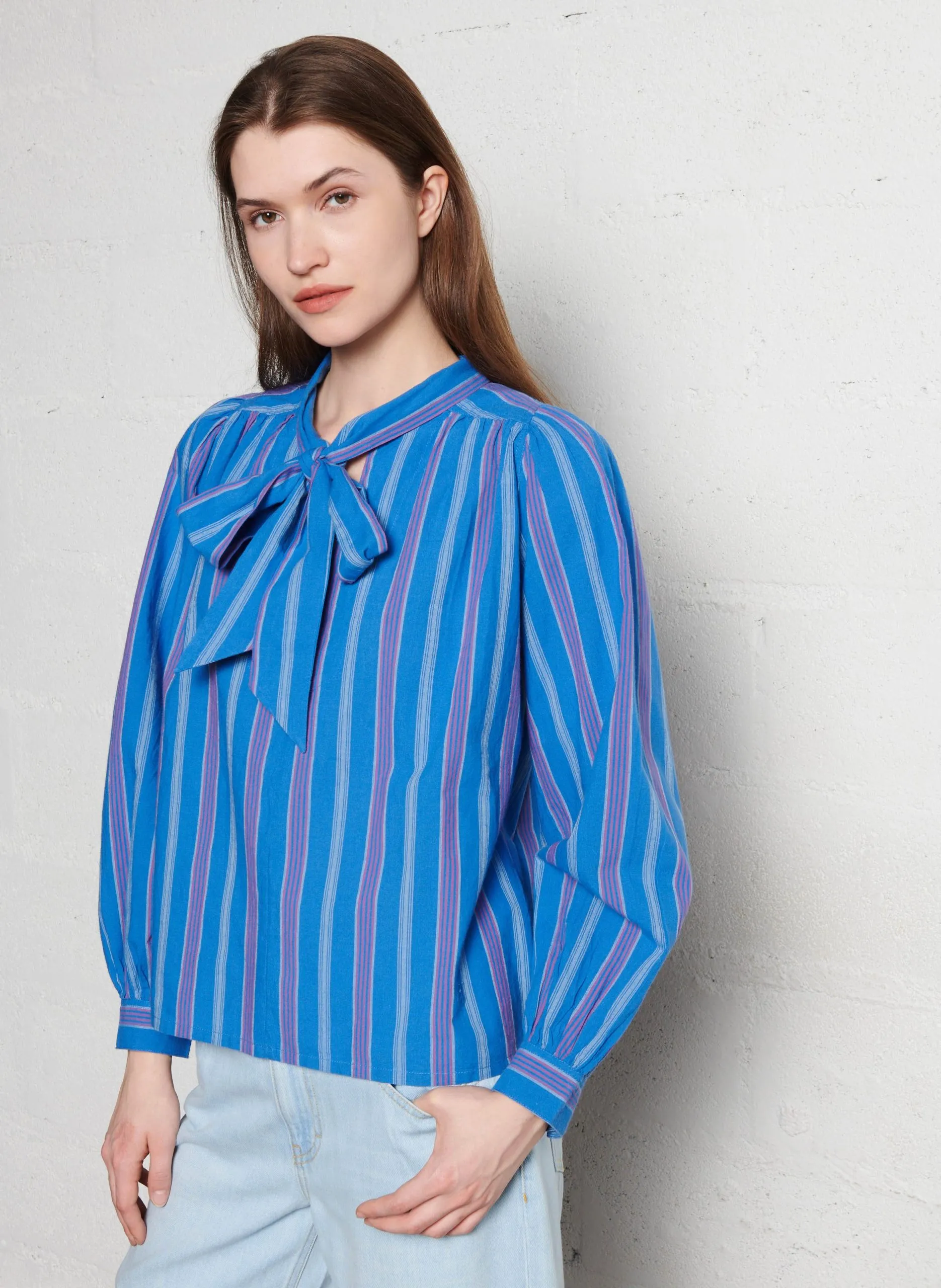 Blouse col lavallière en coton bio Bleu CILIAN