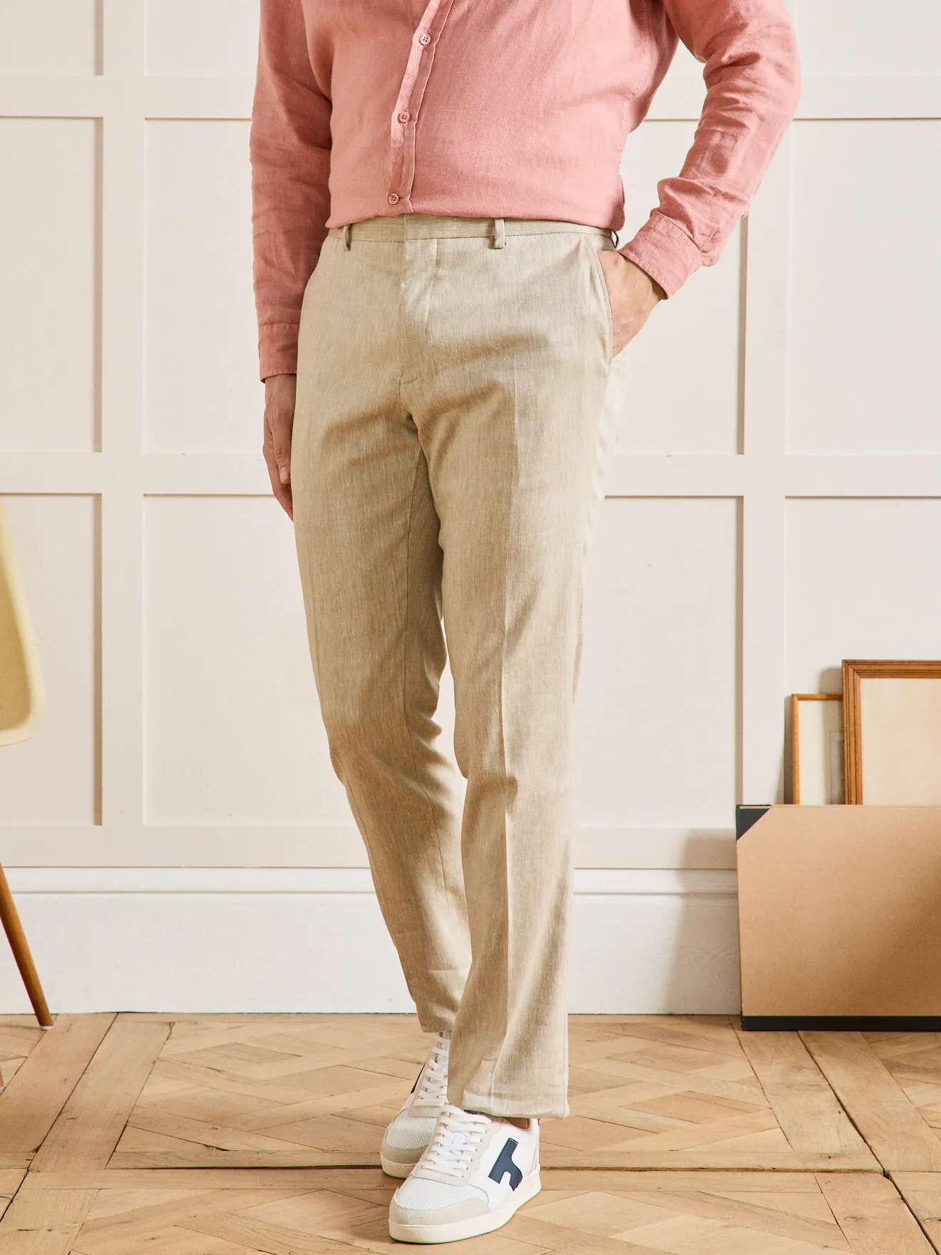 Pantalon de costume tissu coton et lin Beige