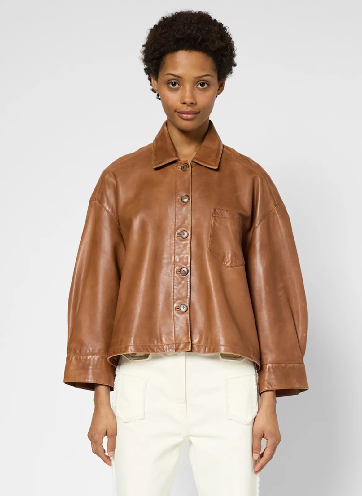 Veste col classique en cuir Marron JOCYA