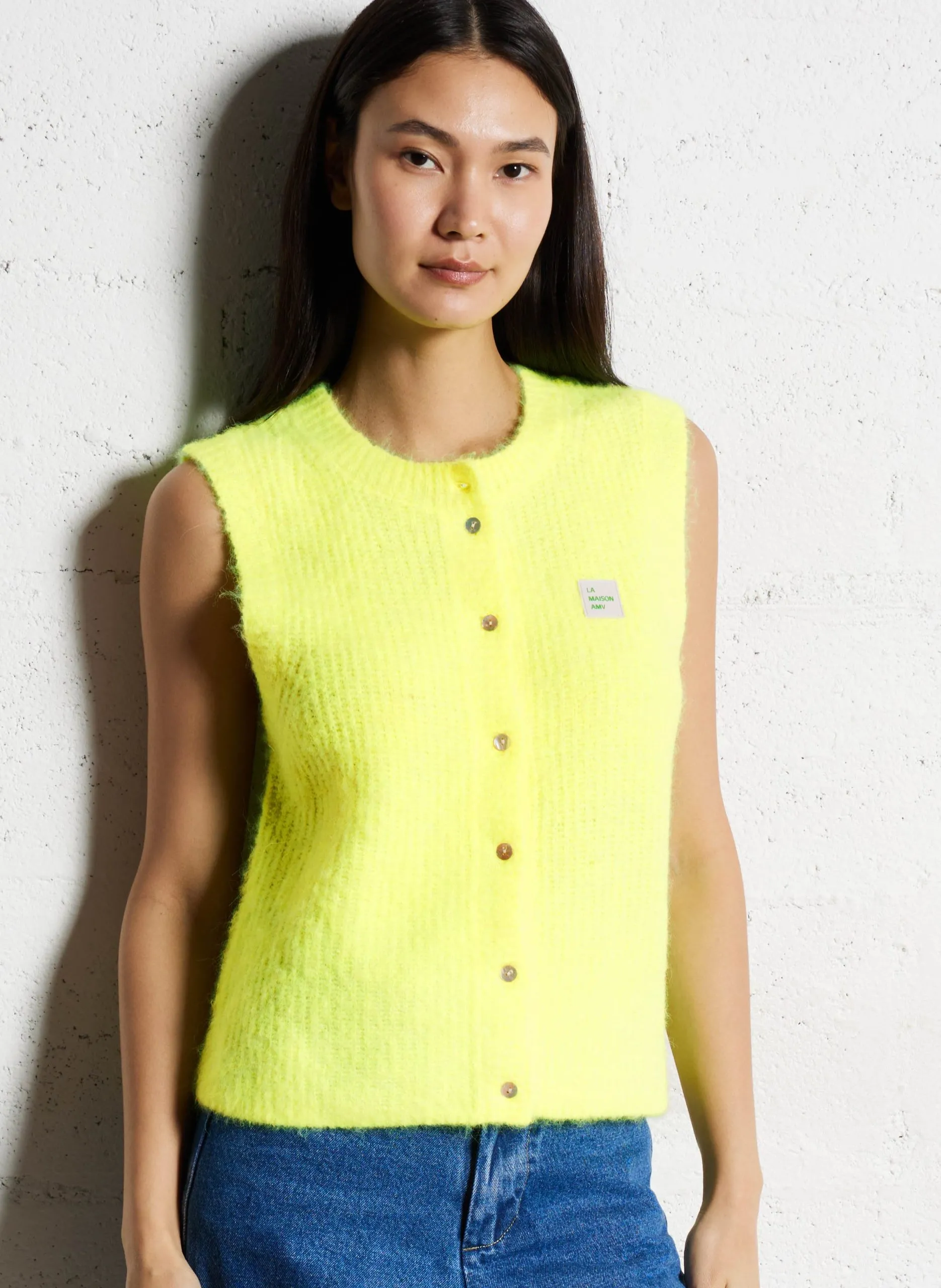 Gilet sans manches en maille duveteuse Jaune EAST