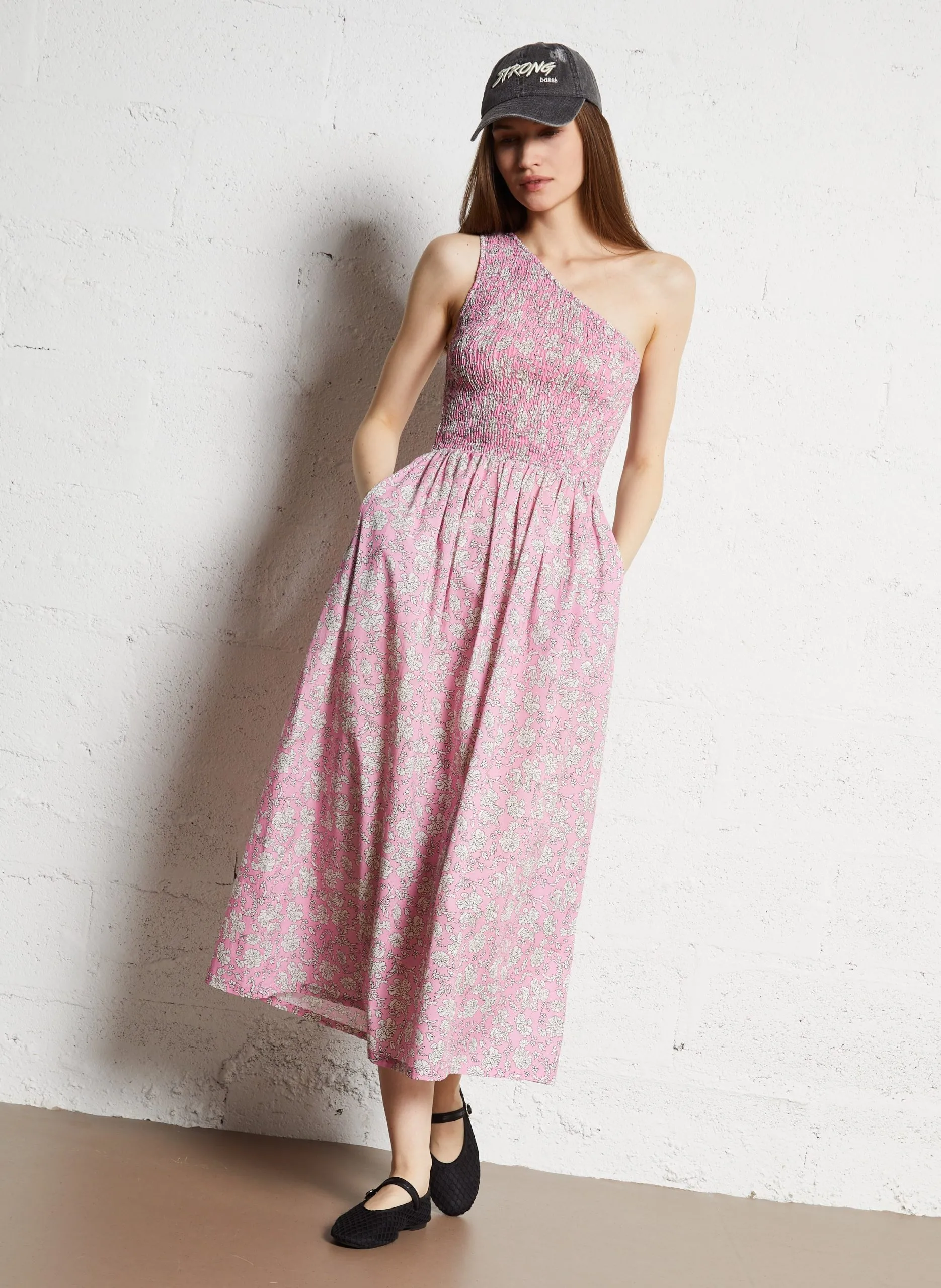 Robe midi à col asymétrique imprimée Rose MELINA