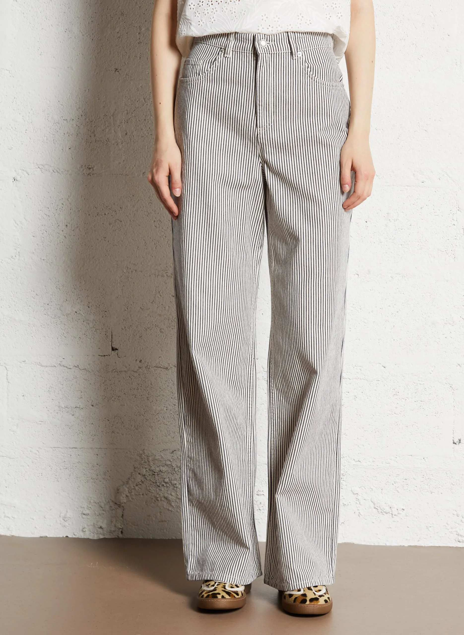 Pantalon large taille haute à fines rayures Blanc EDIE