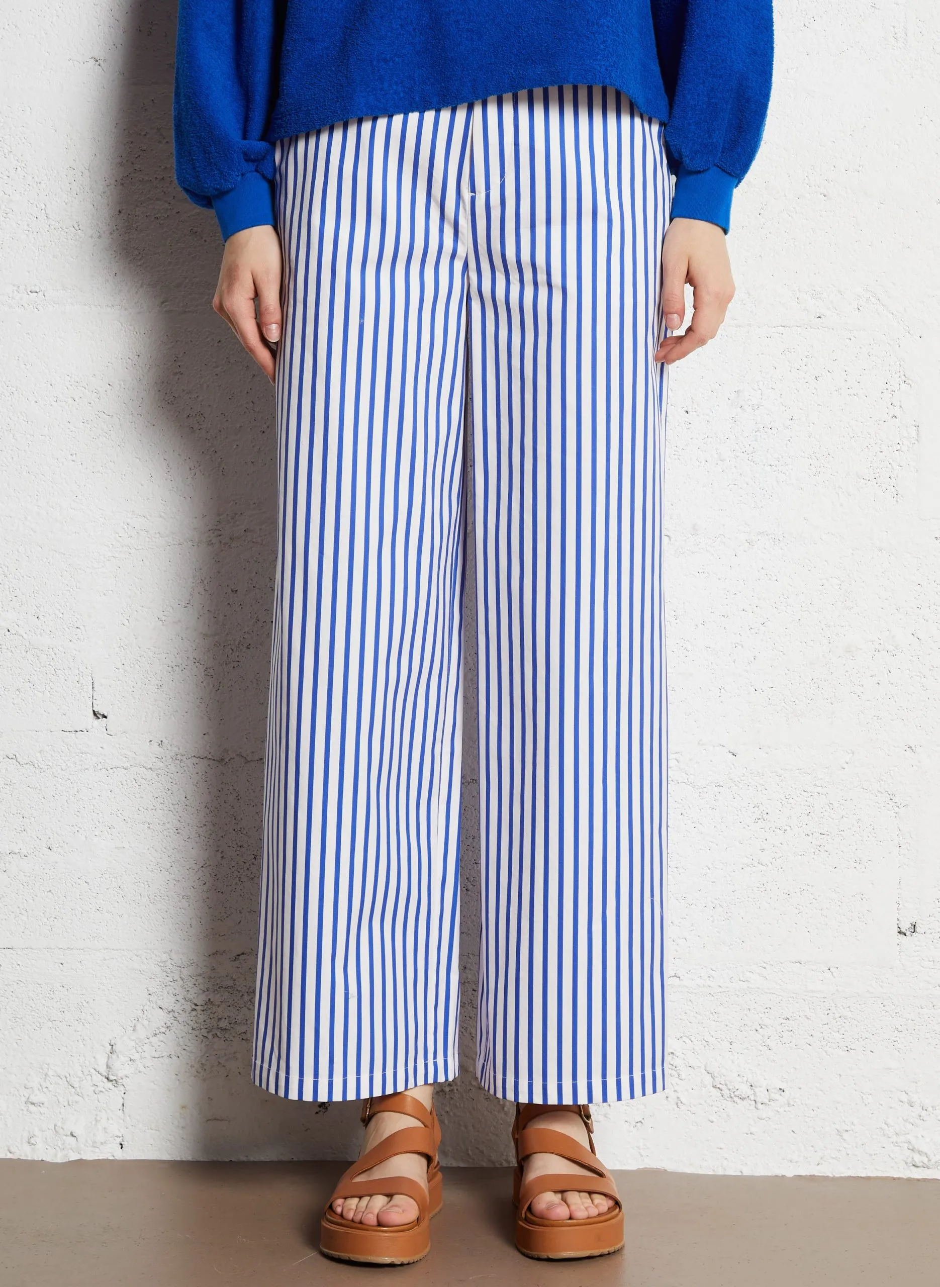 Pantalon large rayé taille haute Bleu