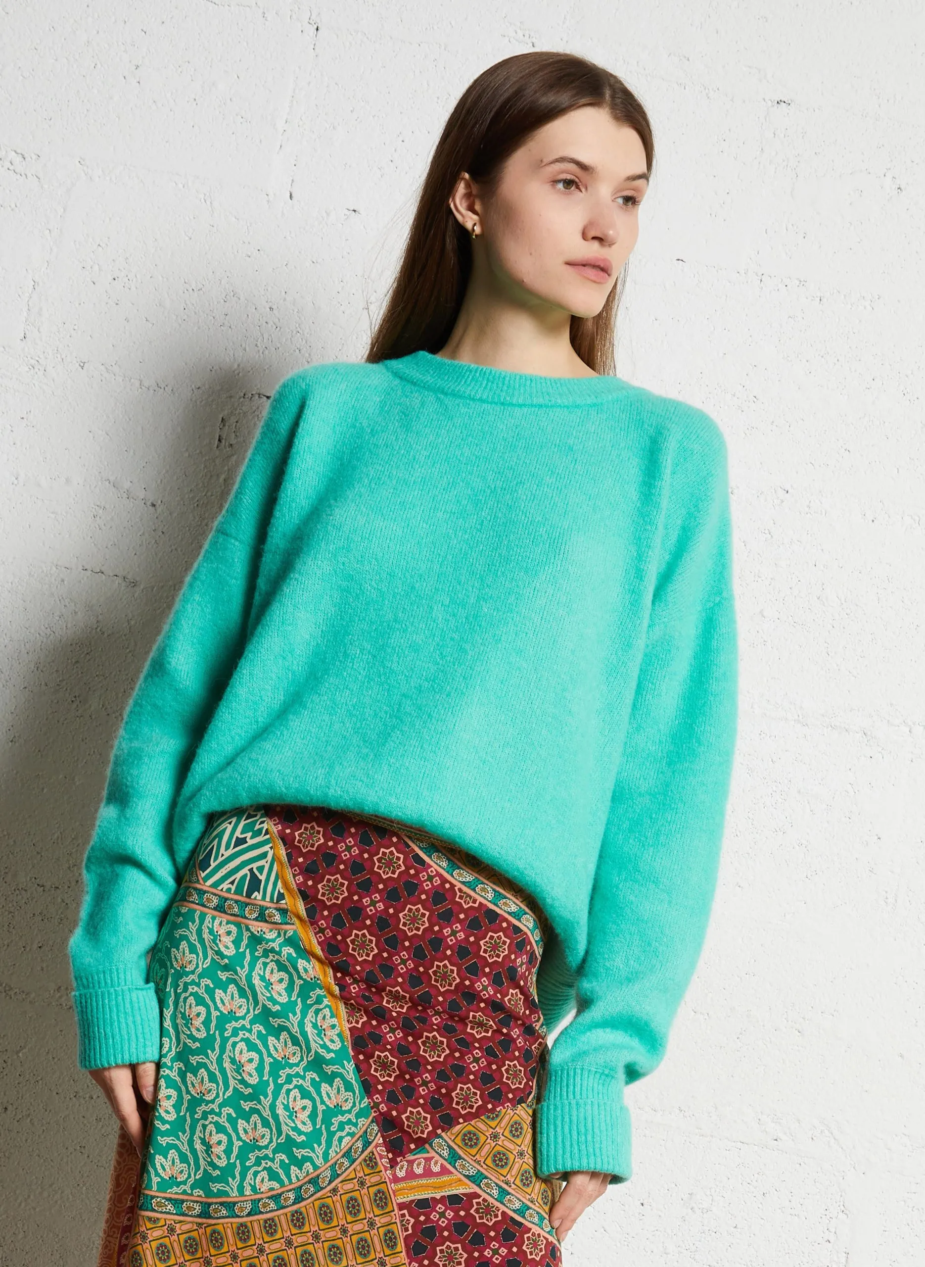 Pull ample col rond en laine mélangée Bleu VITOW