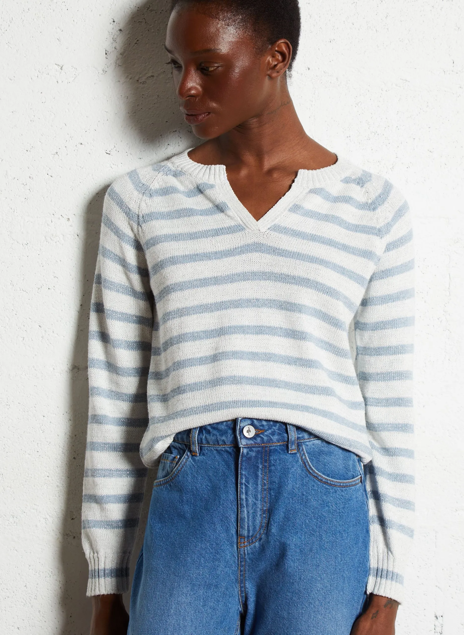 Pull droit col V en coton mélangé Blanc TERESA