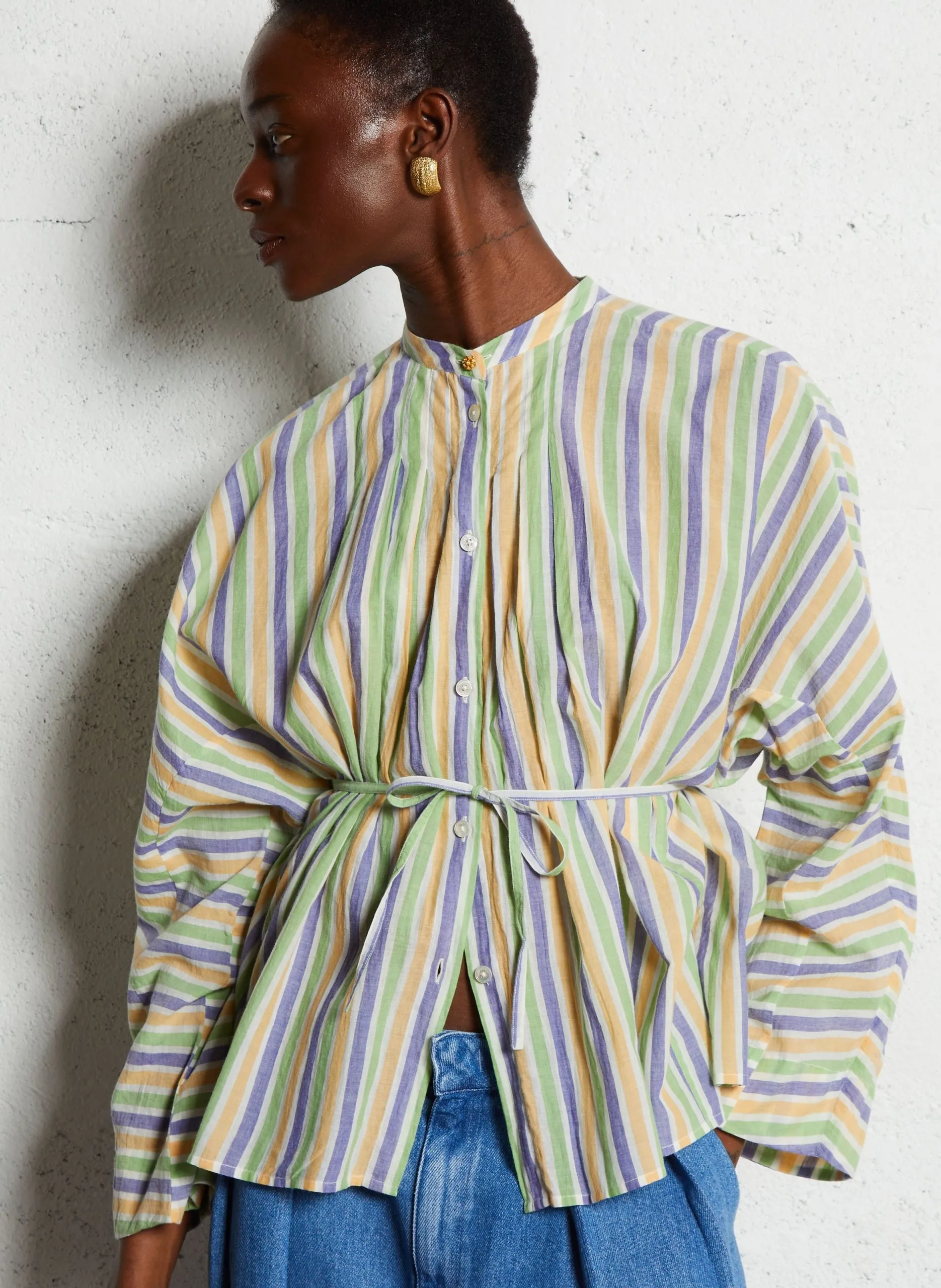 Chemise col rond à rayures en coton Vert FERRY