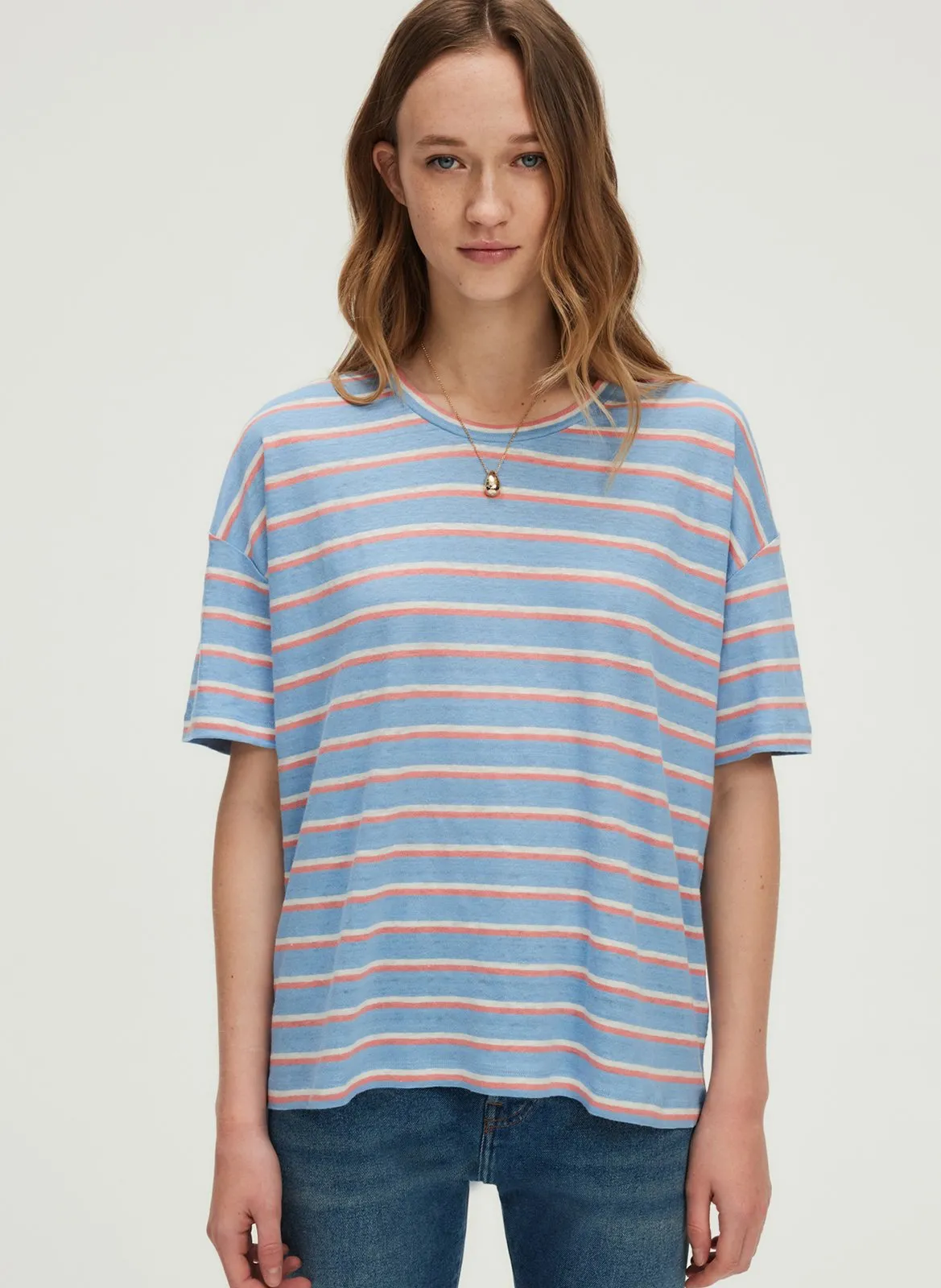 Tee-shirt droit en lin rayé Bleu GISETTE