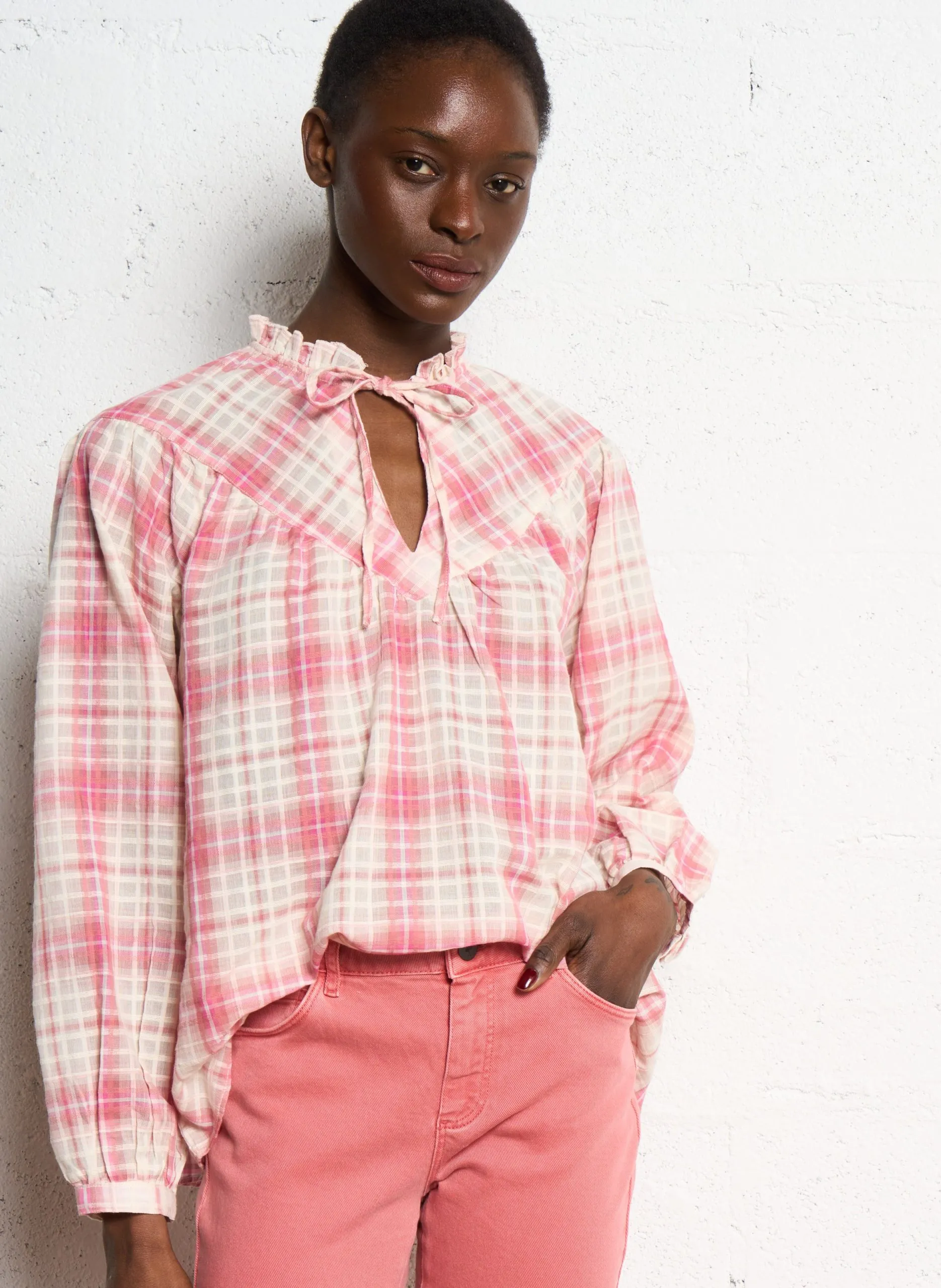 Blouse ample col v à carreaux Rose CALORIANE