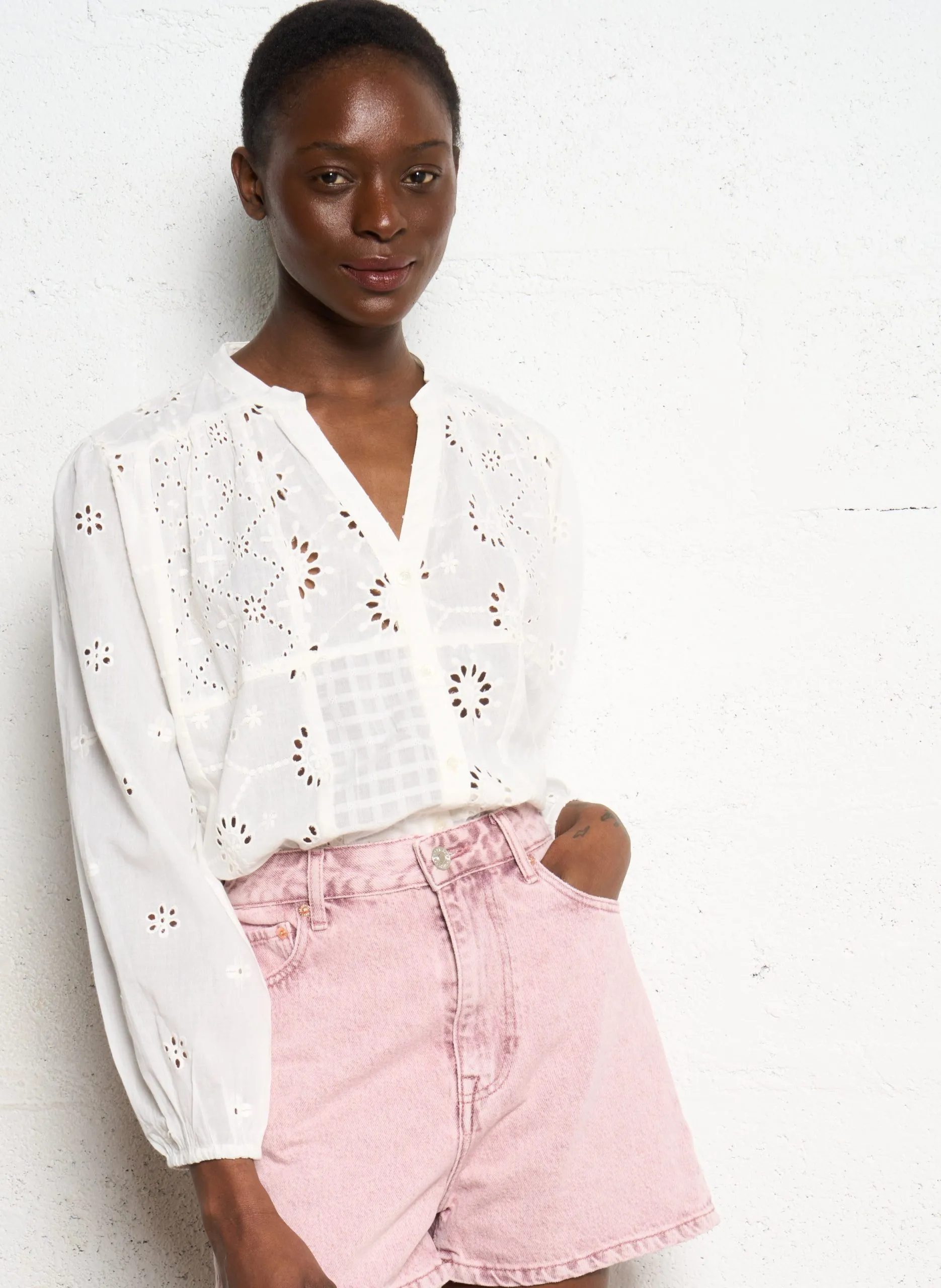 Blouse col V en coton Blanc BOLIAN