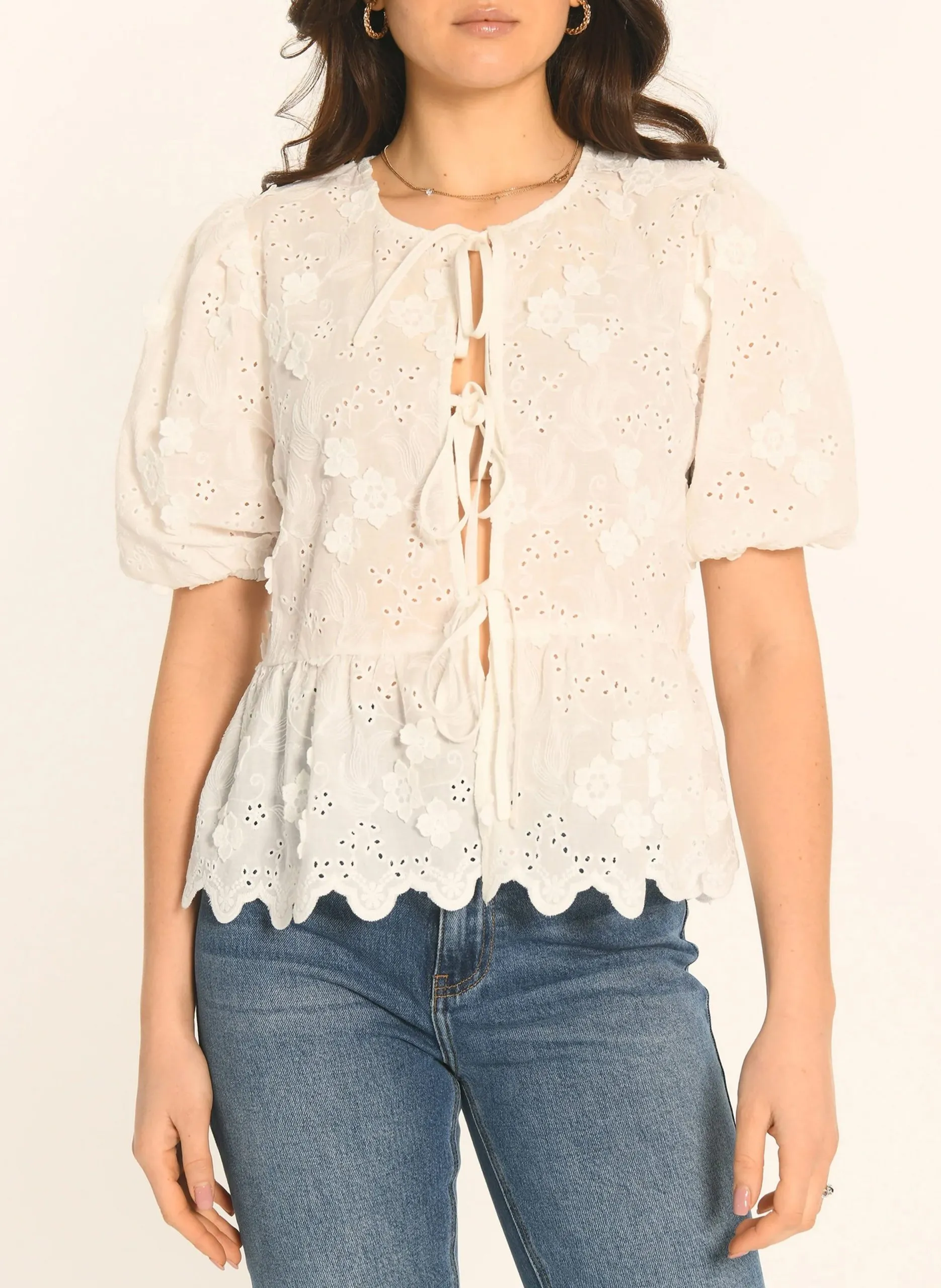 Blouse col rond brodée en coton Blanc ALIOCHA
