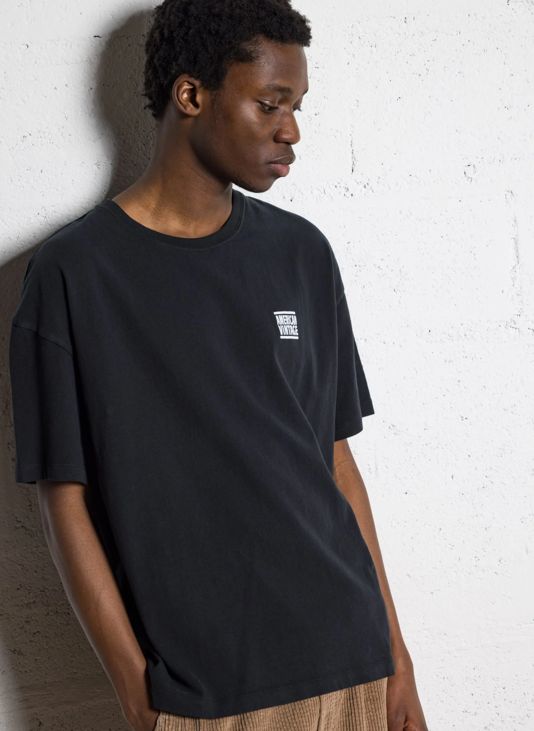 Tee-shirt droit col rond sérigraphié en coton Noir YKOBOW