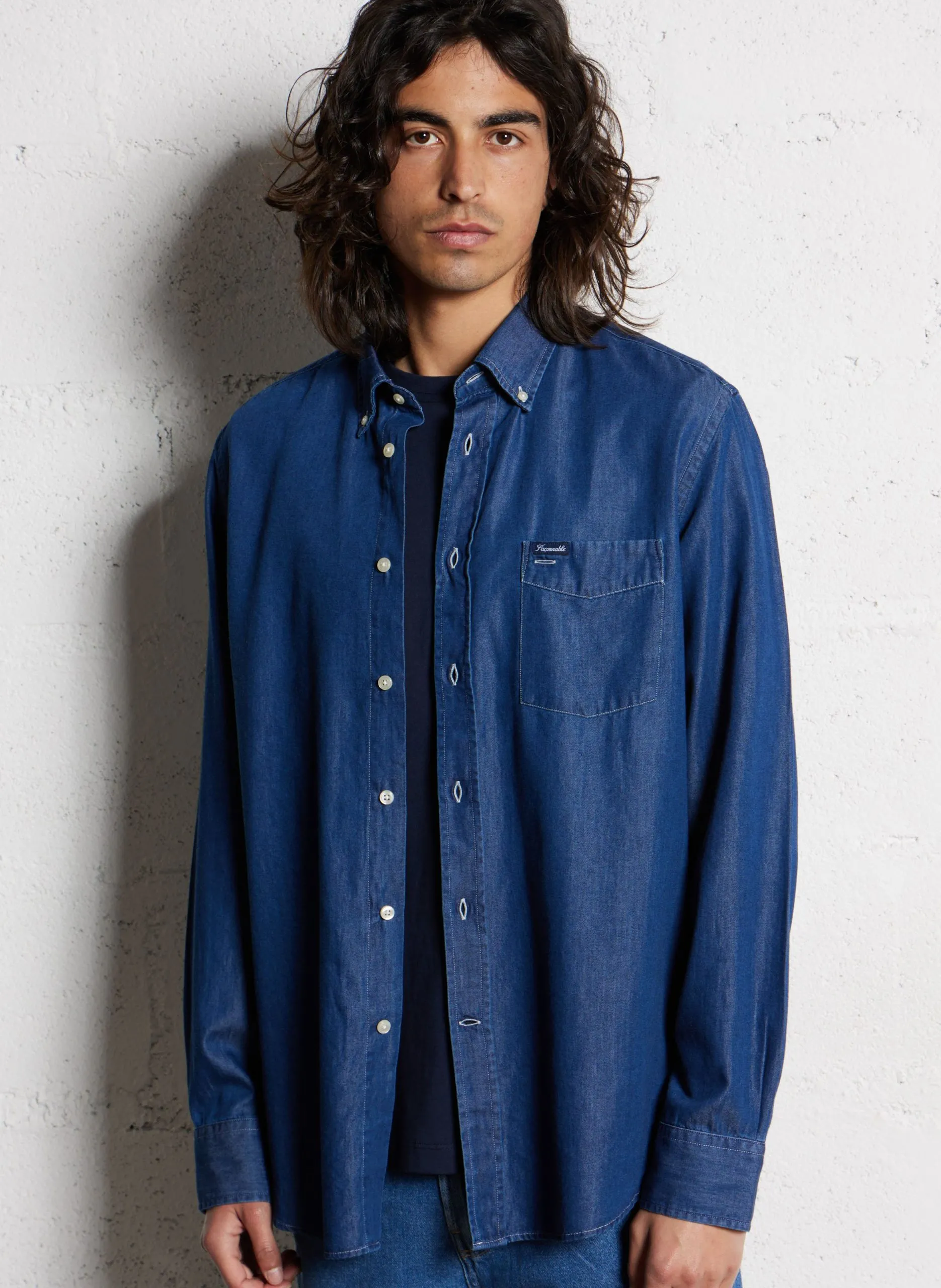 Chemise col classique en jean Bleu