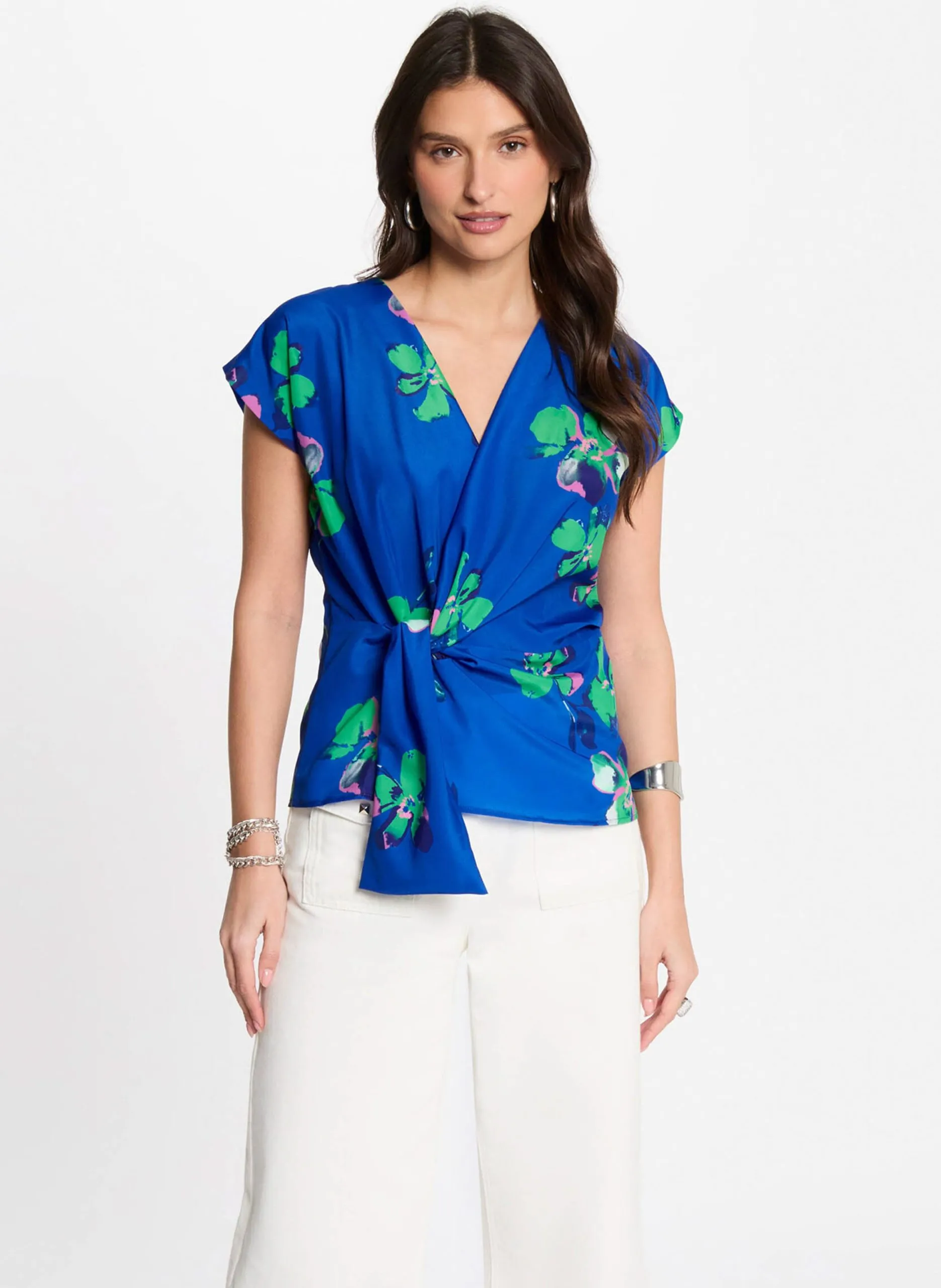 Top col v drapé manches courtes Bleu 251-OUZO.F