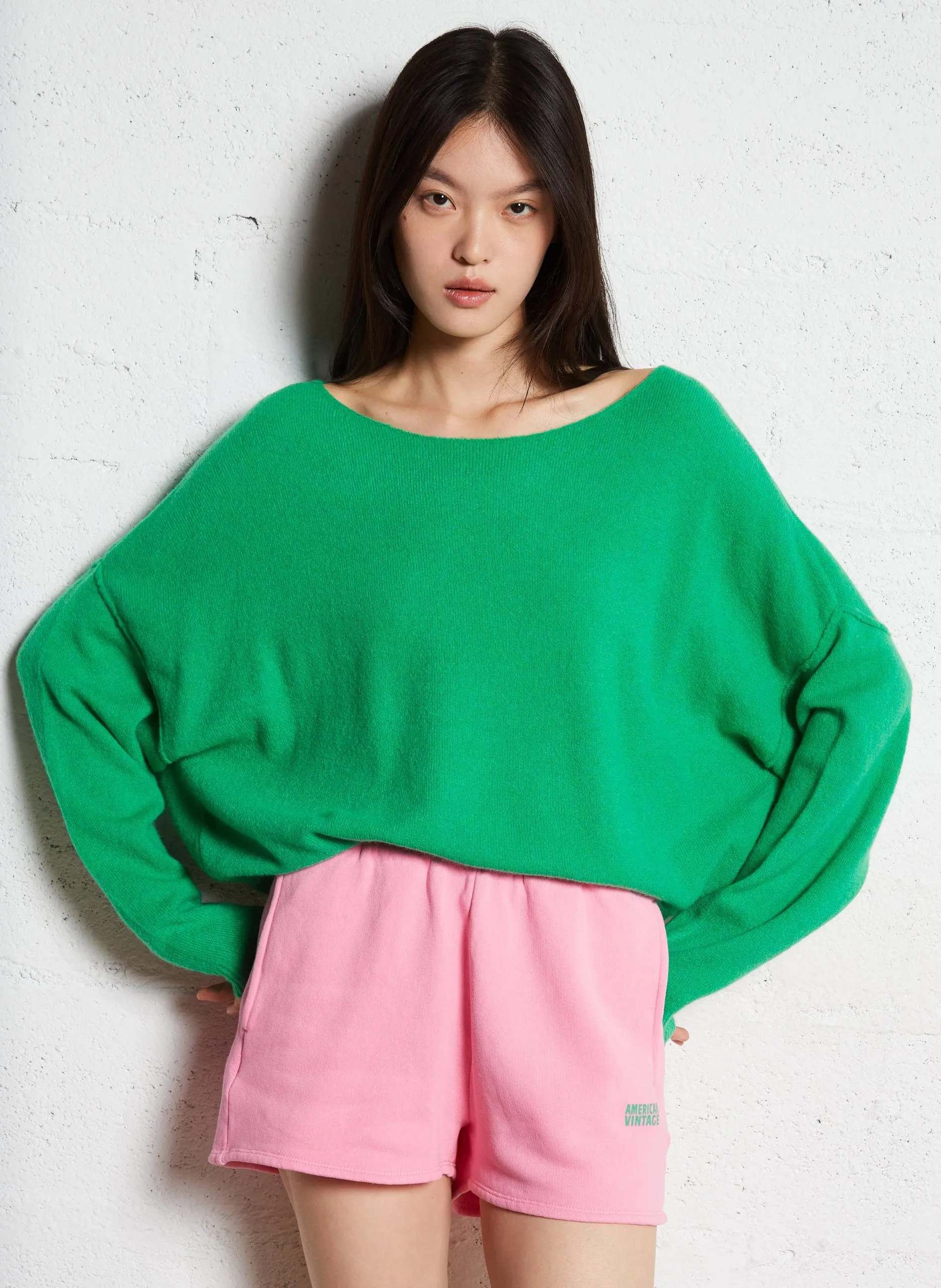 Pull ample à col bateau en maille duveteuse Vert DAMSVILLE