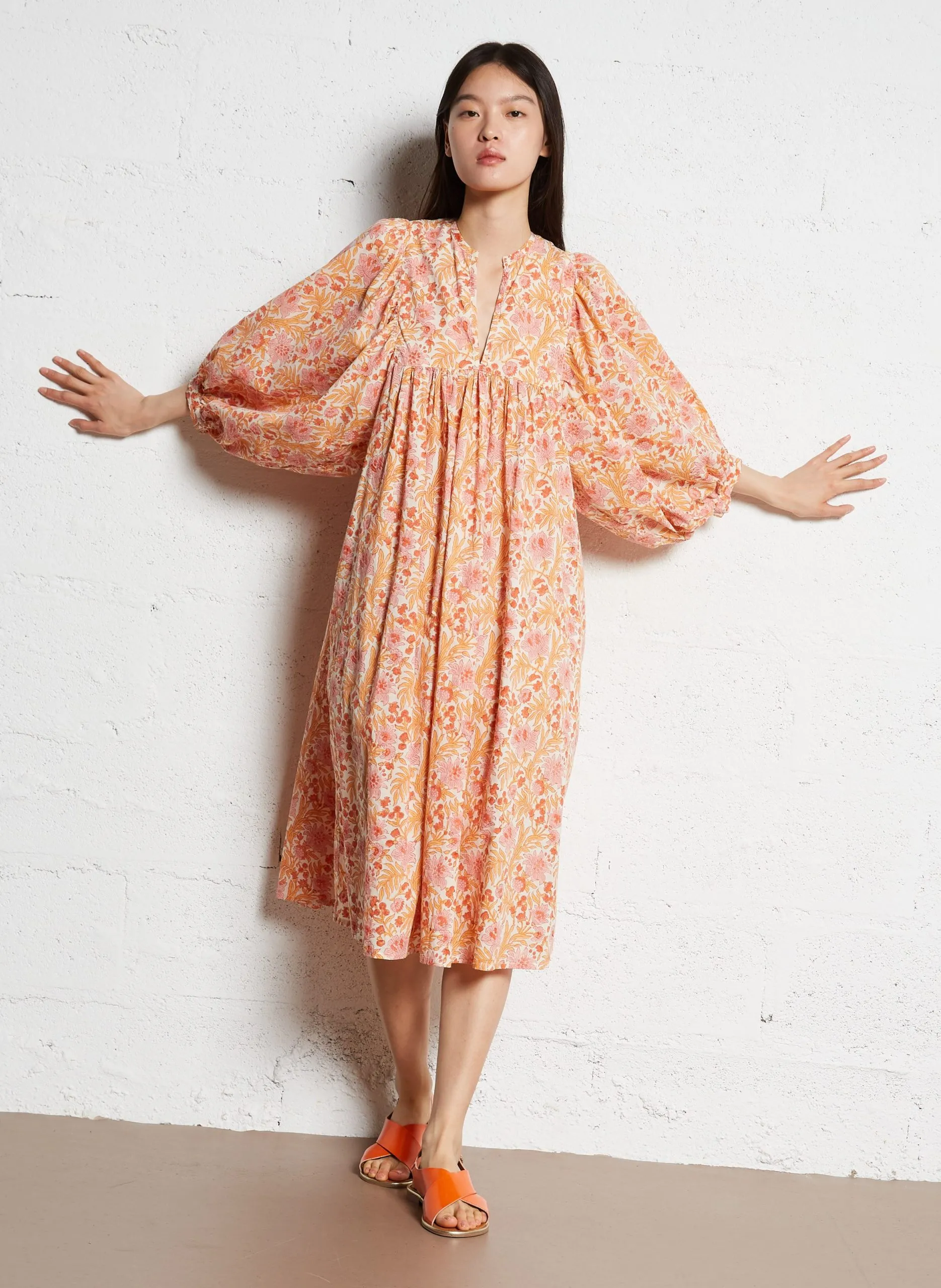 Robe midi col V en coton Orange RANJANA