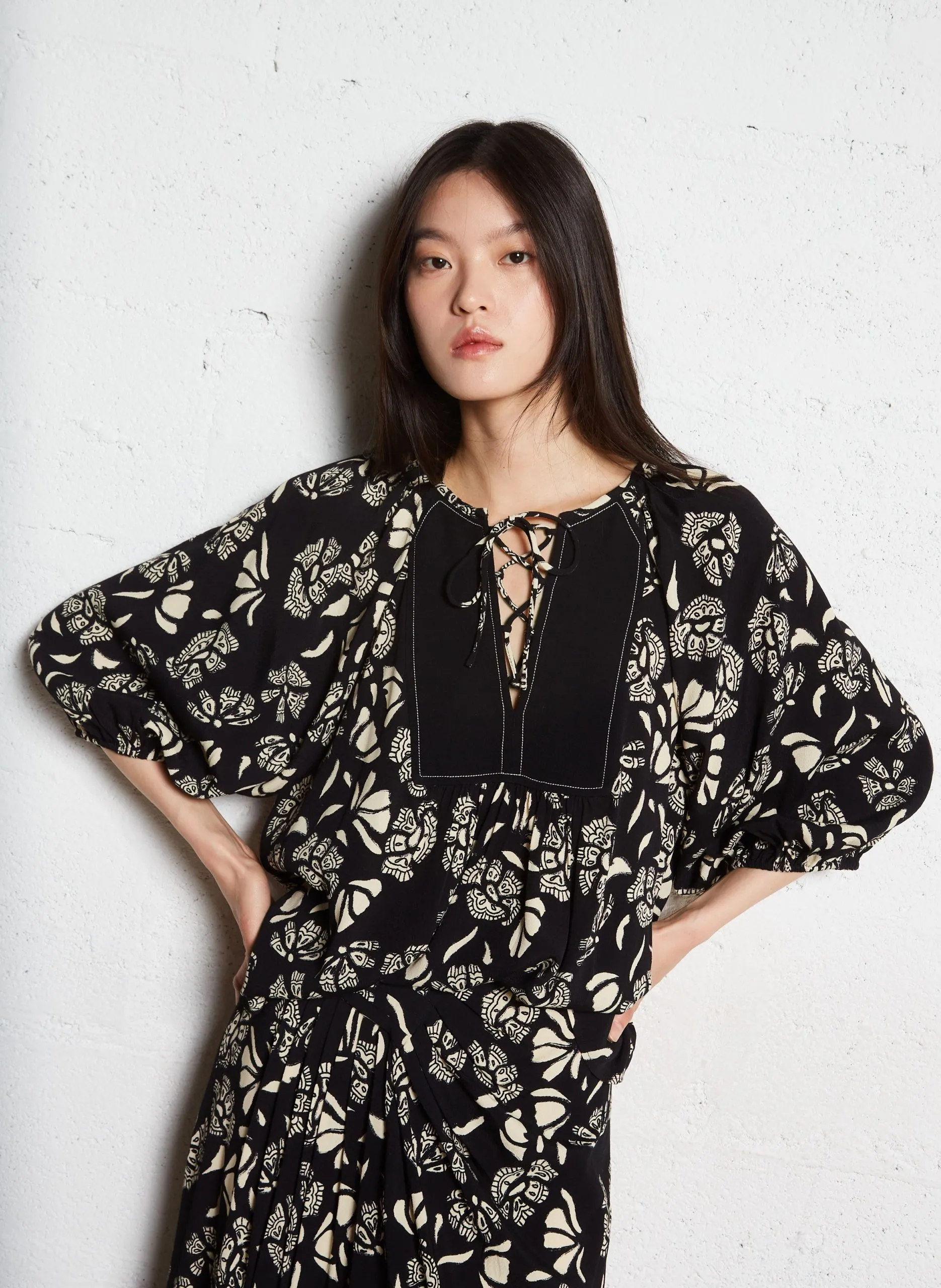 Blouse col tunisien imprimé Noir AURA