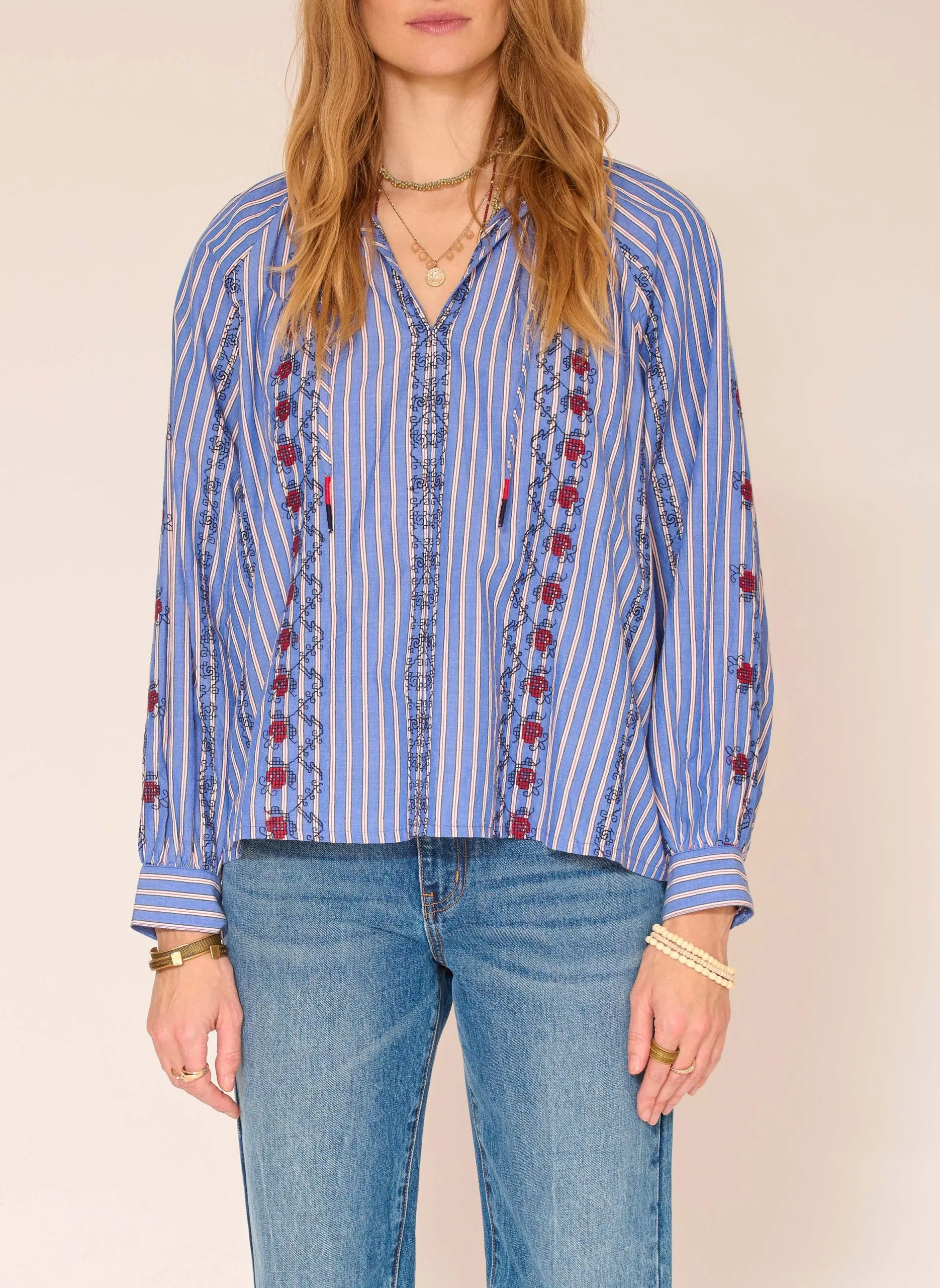 Blouse col v rayée Bleu CHARDON