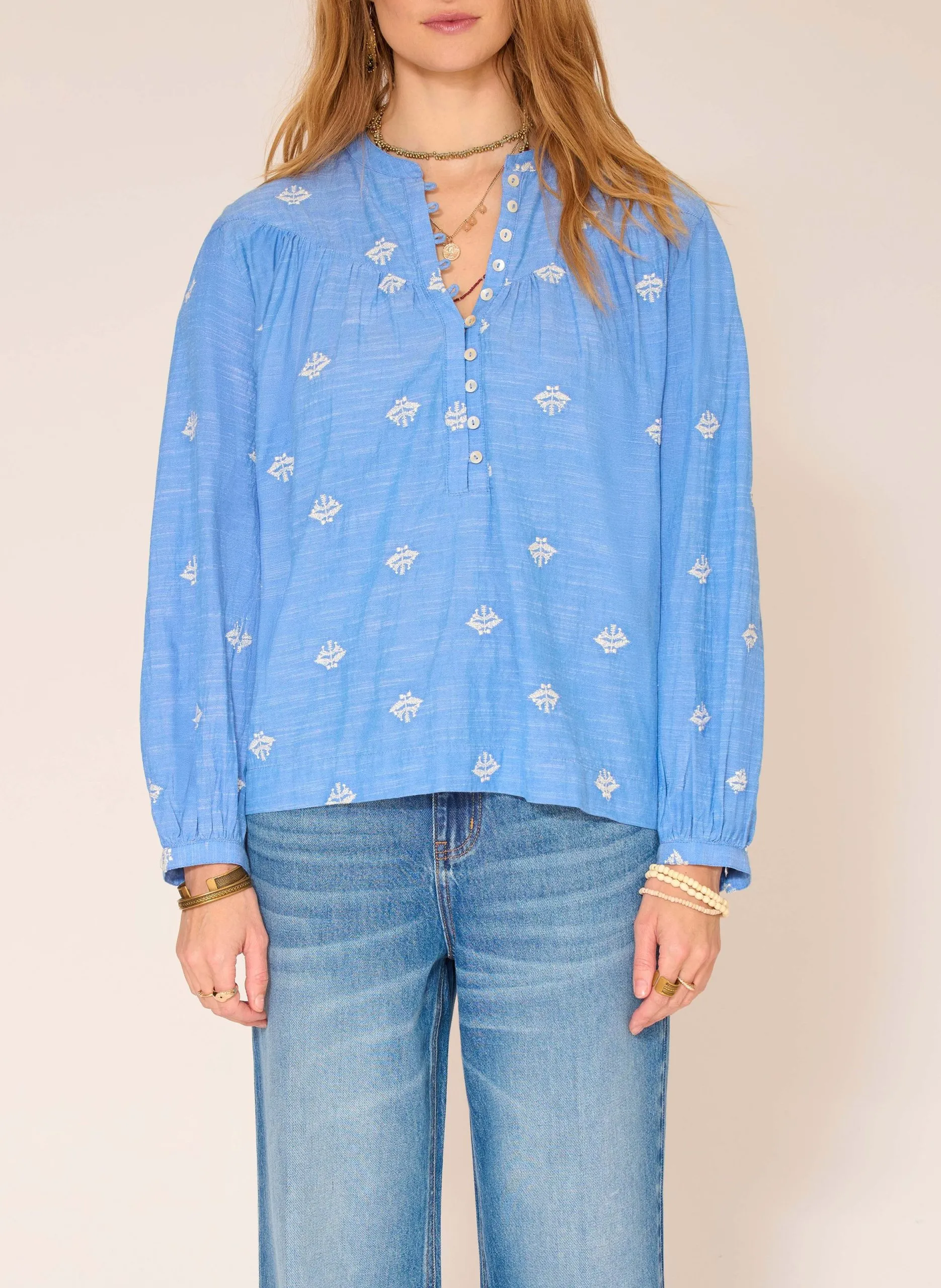 Blouse col rond en coton Bleu CUSCO
