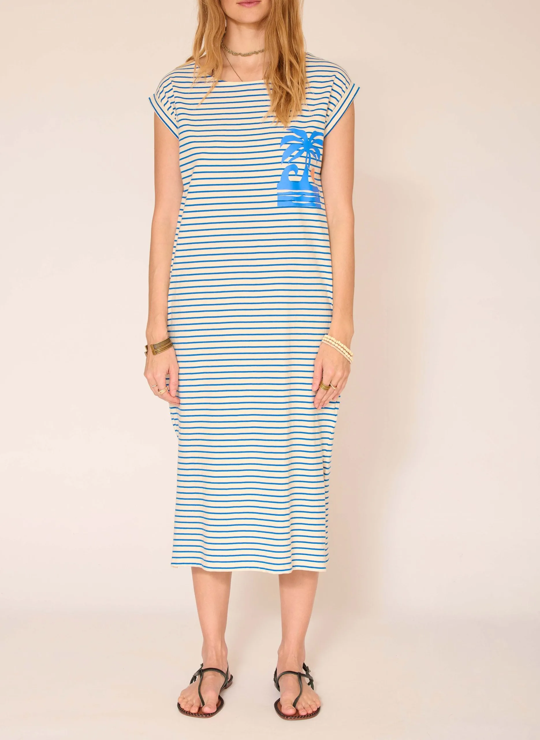 Robe midi col rond en coton Bleu RAVES