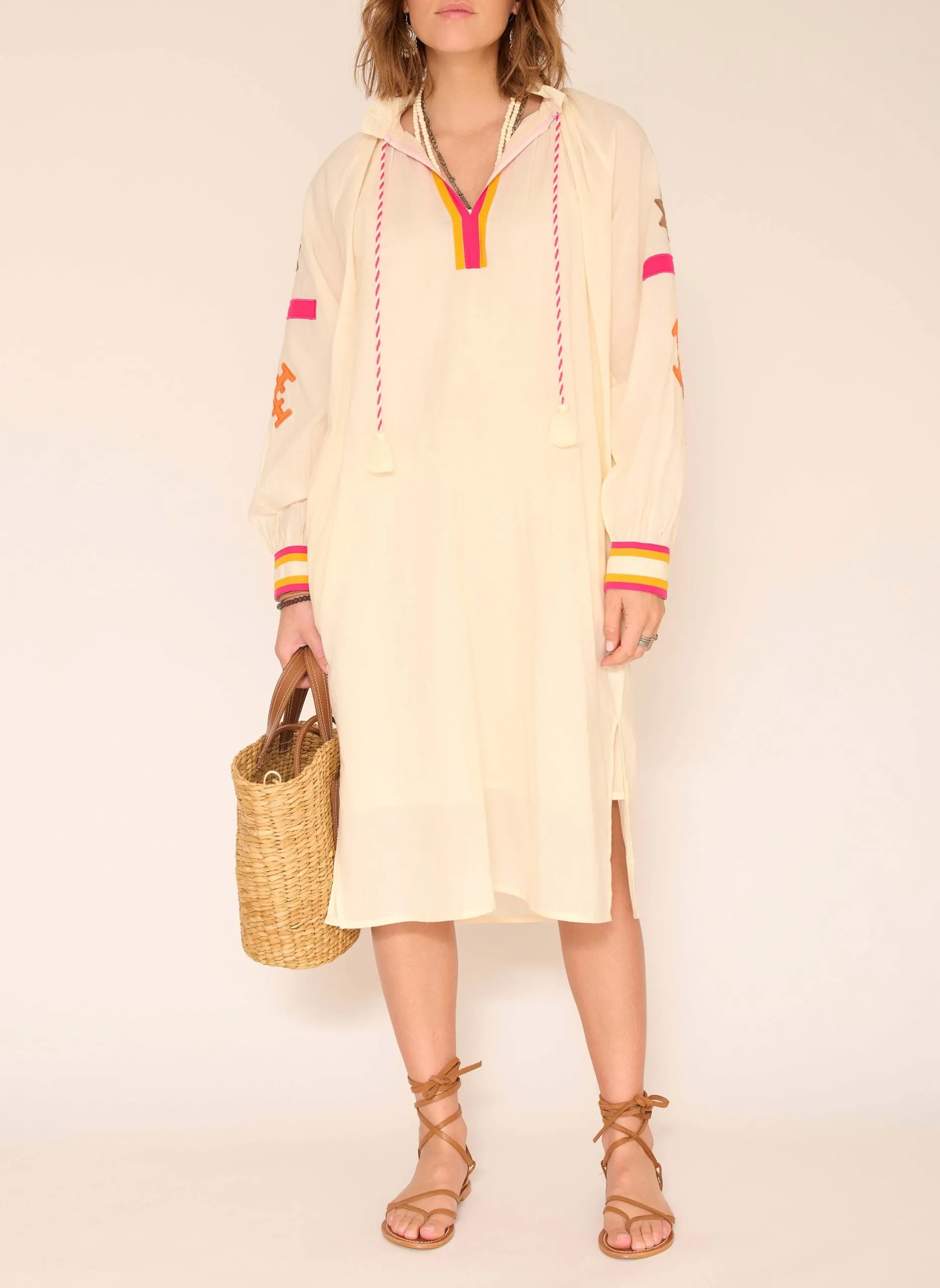 Robe midi bohème à broderies Beige RHODES