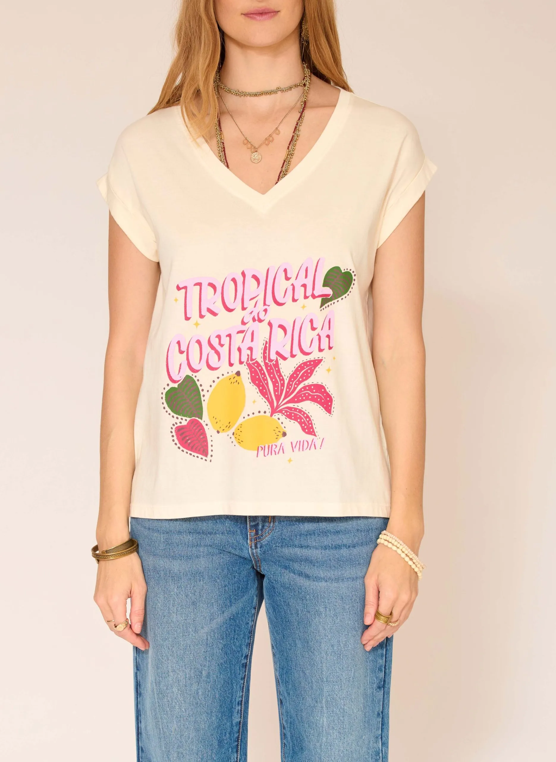 Tee-shirt col v imprimé en coton Beige TANZANIE